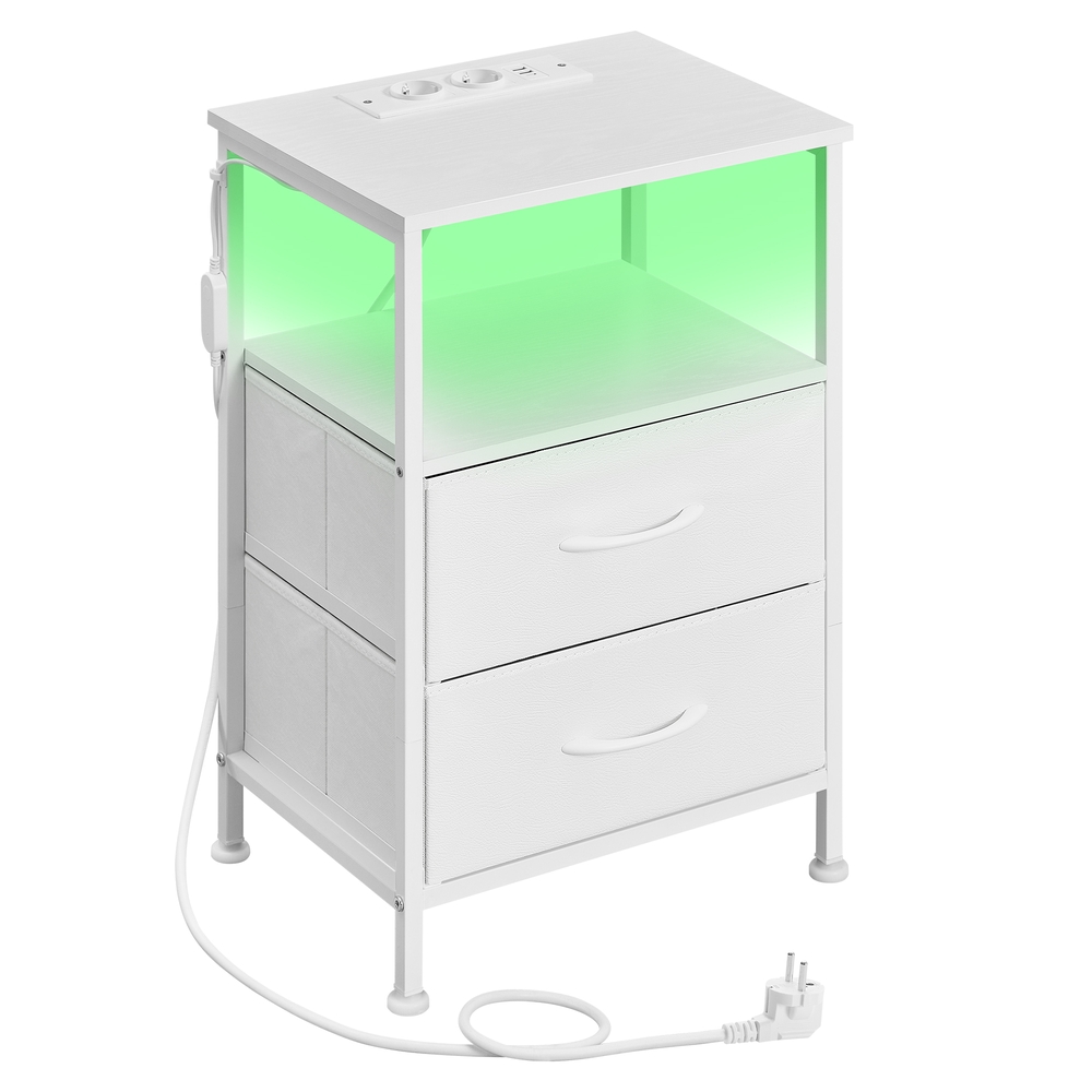 Öökapp LED-valgustuse ja laadimisjaamaga, öökapp kahe sahtli ja avatud sektsiooniga, valge