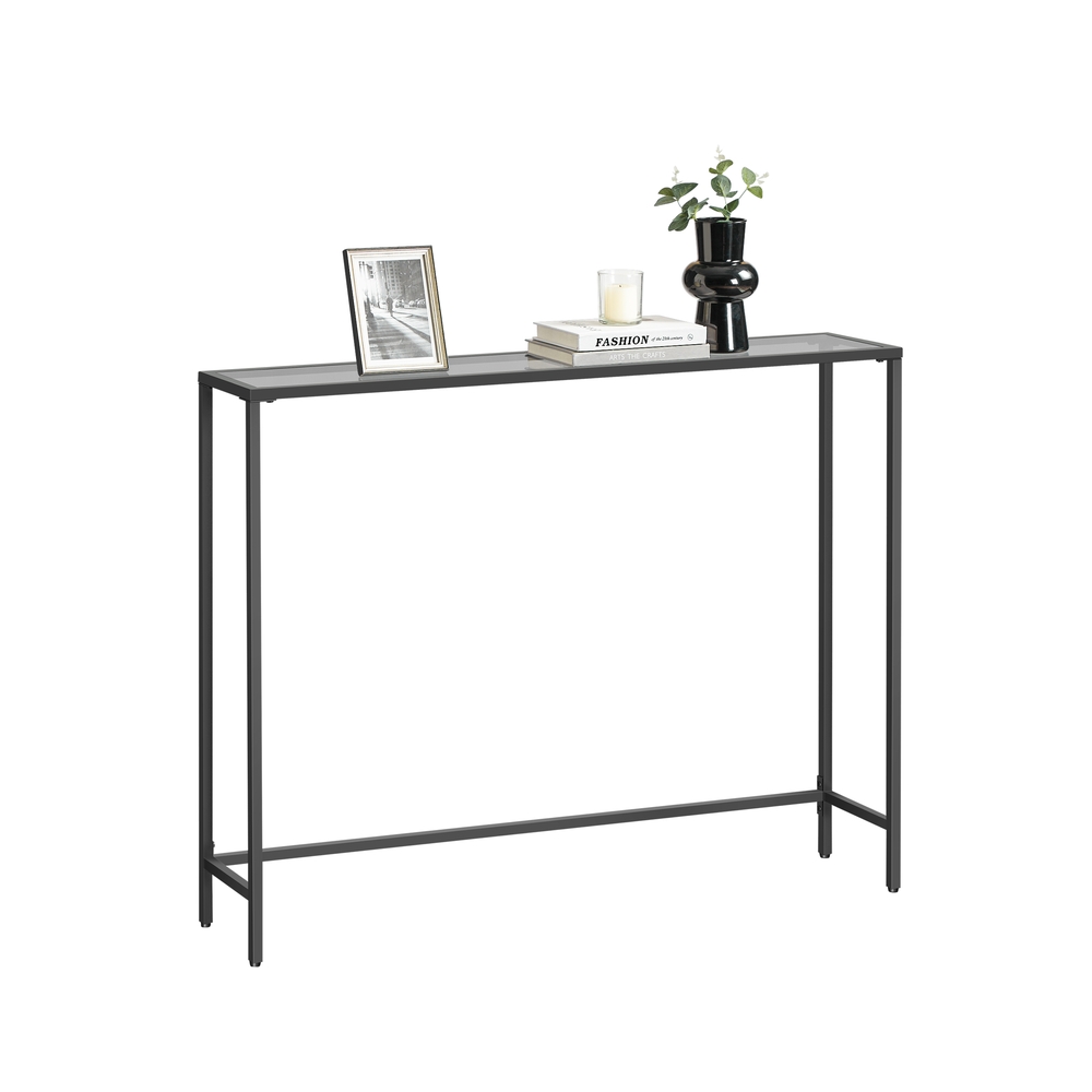 Klaasist pealispinnaga konsoollaud moodsasse elutuppa, tindimust ja kiltkivihall