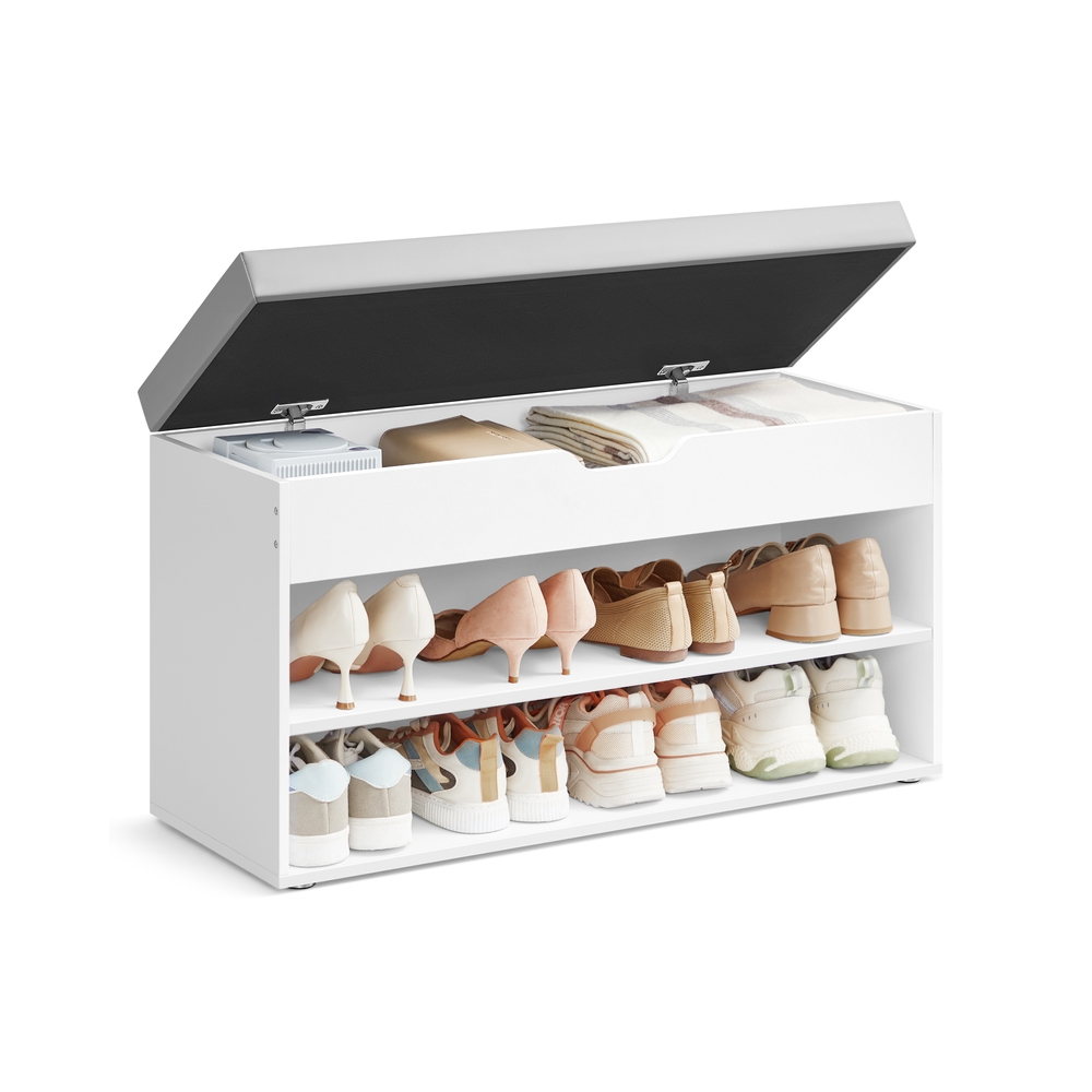 Jalanõude riiul polsterdatud padja ja 3 tasapinnaga, pilvevalge-tuvihall