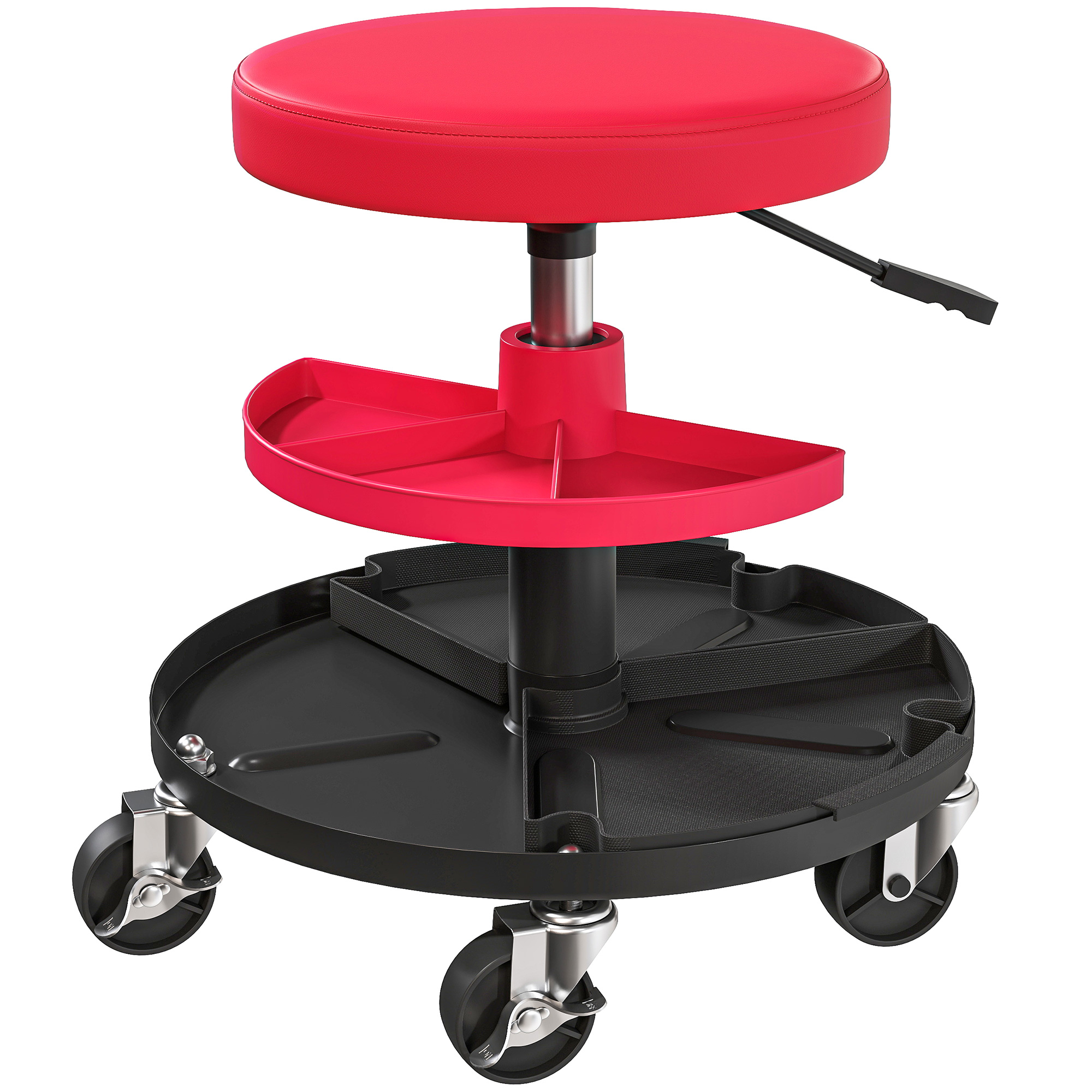 Töökojatool ratastega, kandikutega, kõrgus reguleeritav 40-51cm, rulltoolil, kandevõime kuni 135 kg, punane