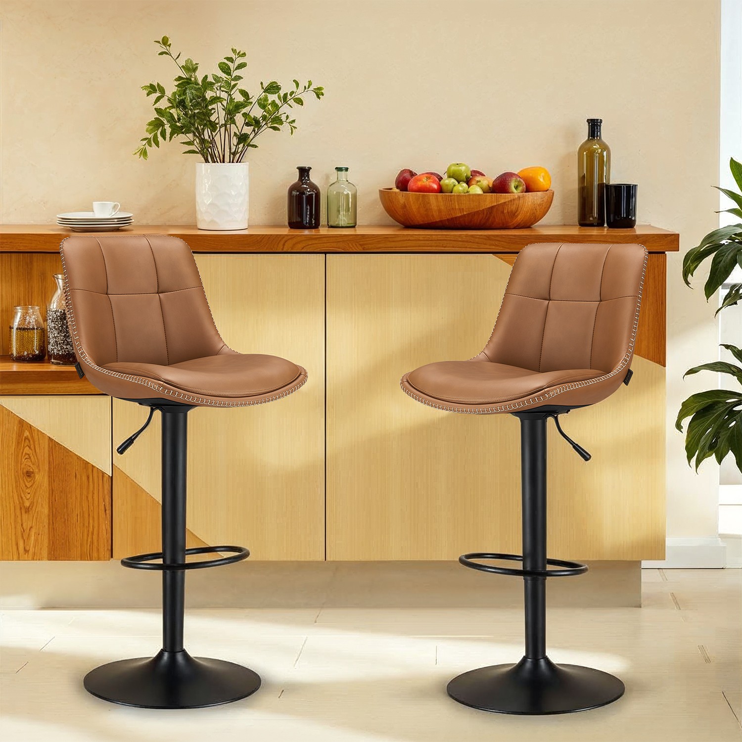 Baaritoolide komplekt (2 tk) seljatoega, karamellpruun