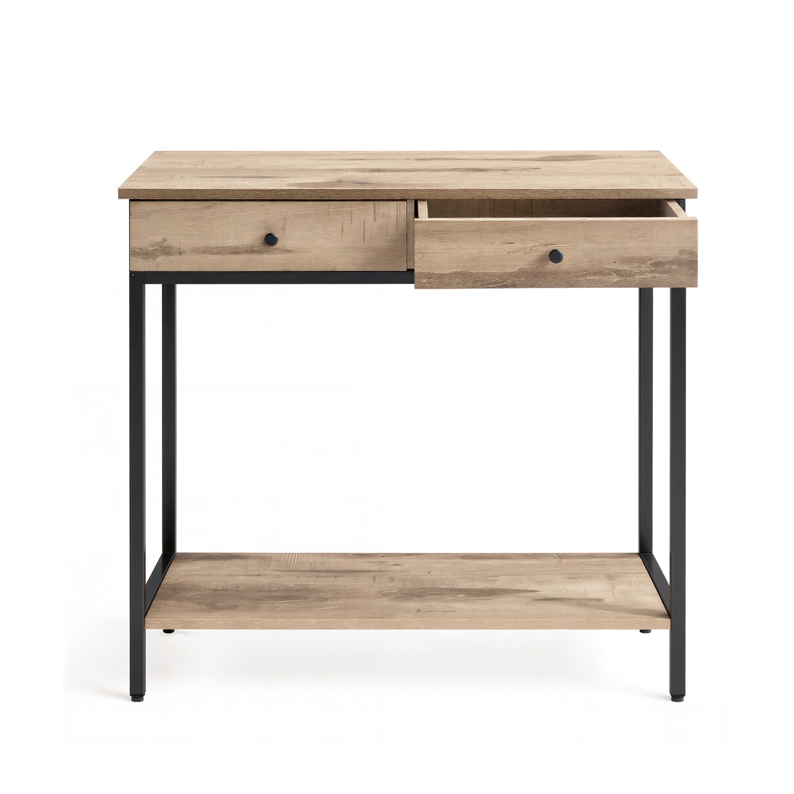 Tööstuslik konsoollaud kahe sahtliga, terasest diivanilaud elutuppa, kaamelipruun-must