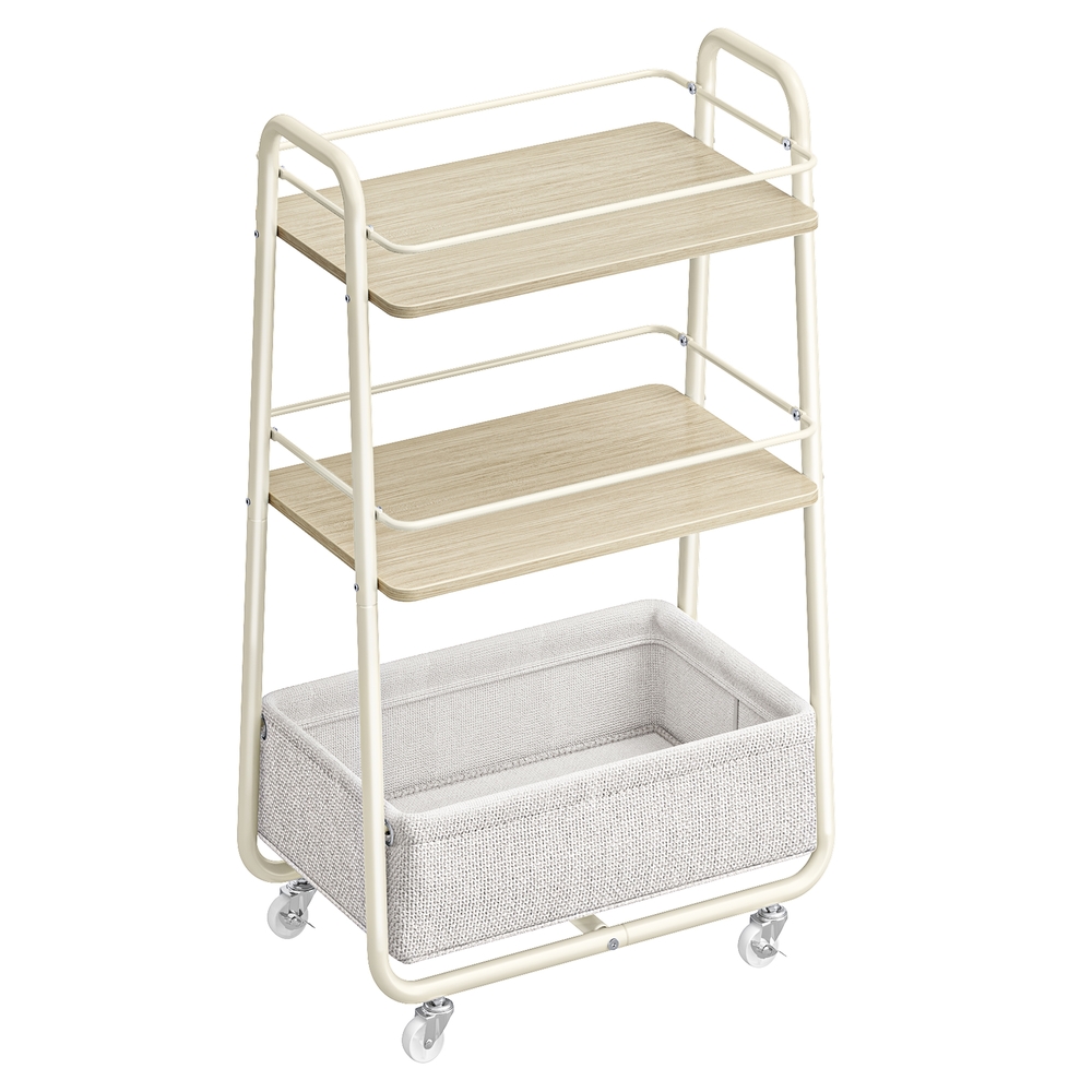 Kolmetasandiline ratastel käru riiulite ja korviga, ratastel riiul elutuppa