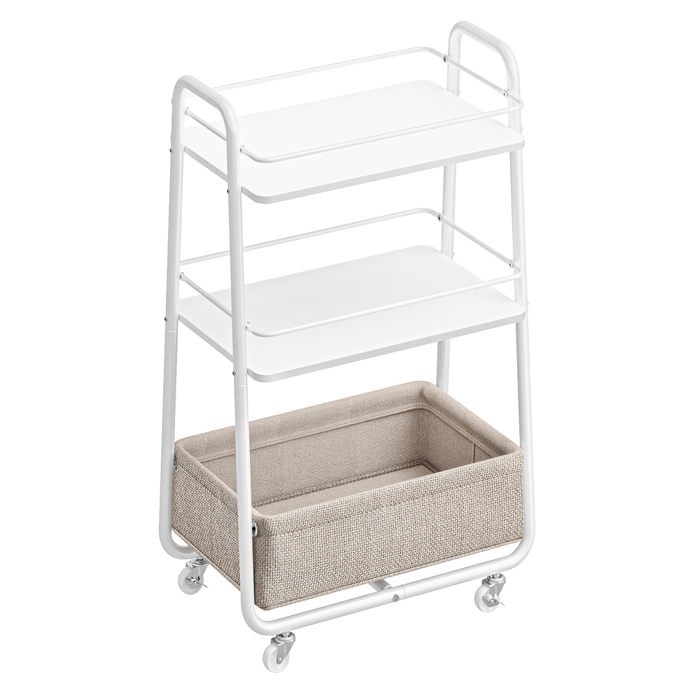 Kolmetasandiline ratastel käru riiulite ja korviga, ratastel riiul elutuppa