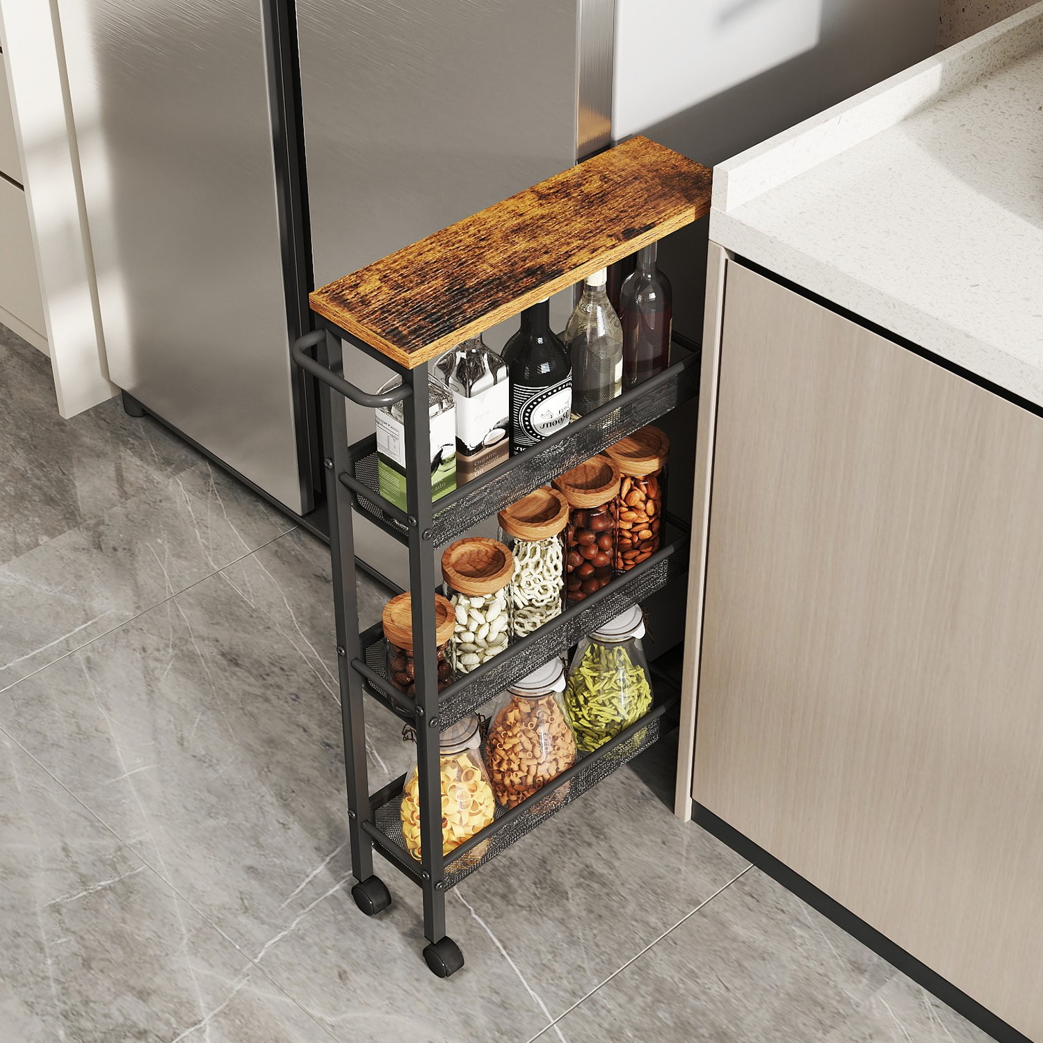 Riiulikäru 4 tasandit, kitsas köögikäru, ratastel niširiiul