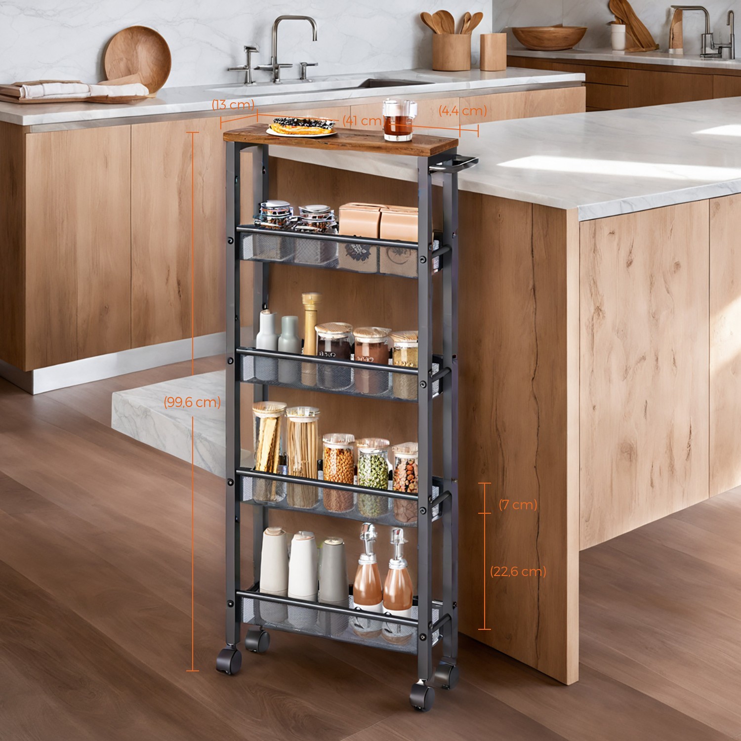 Riiulikäru 5 tasandit, kitsas köögikäru, niširiiul ratastel