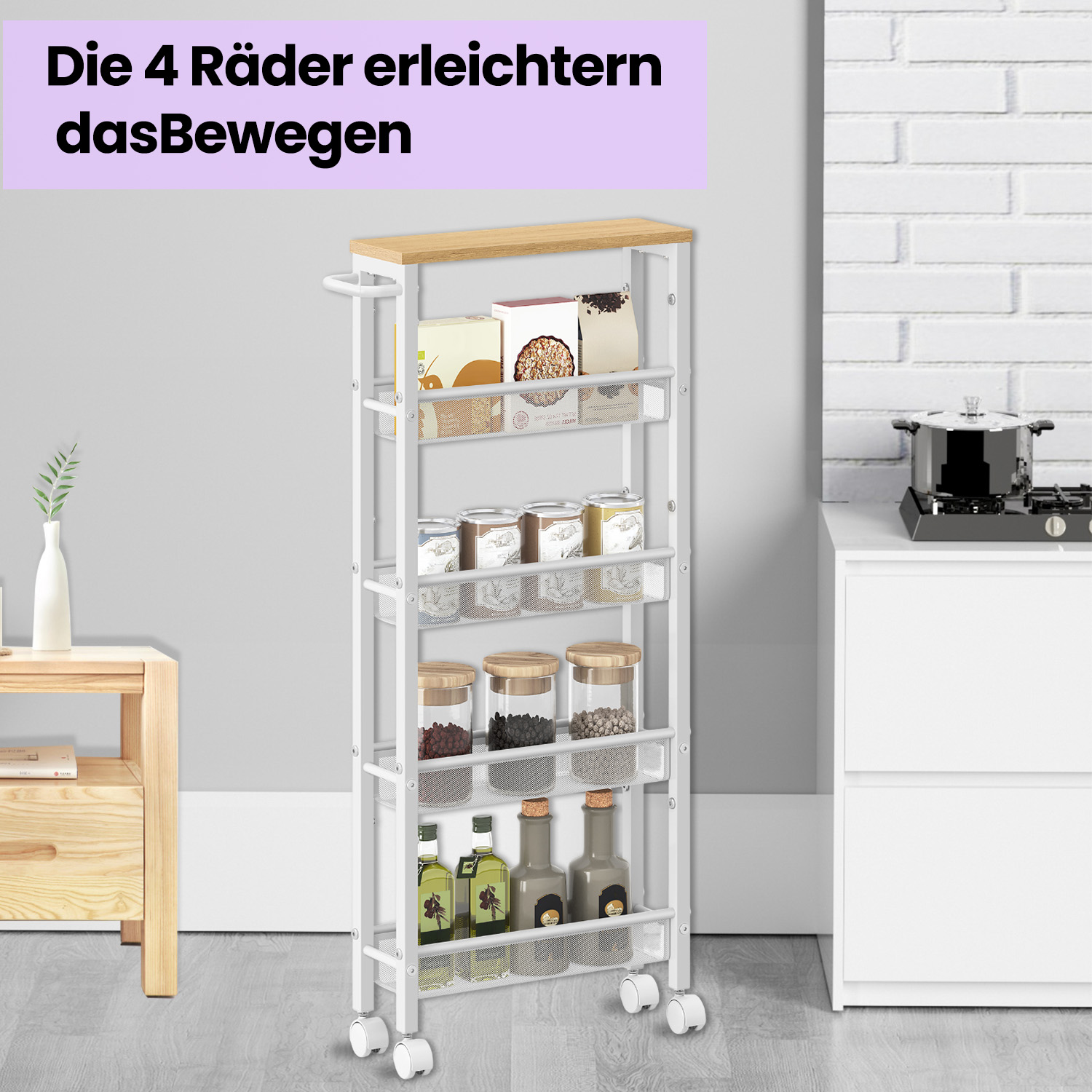 Riiulikäru 5 tasandit, kitsas köögikäru, ratastel niširiiul