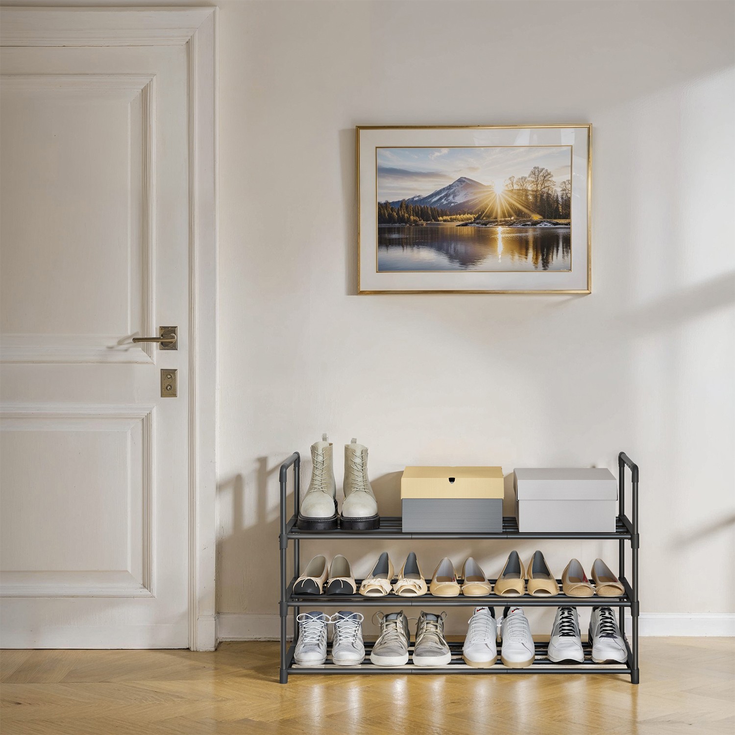 Kolmetasandiline jalanõuderiiul, metallist jalanõudehoidja, jalanõude hoiustamine