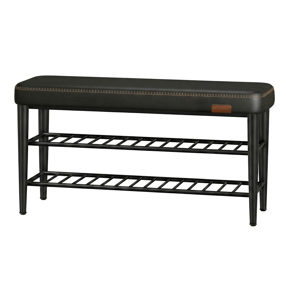 Jalanõuderiiuliga pink, kunstnahast ja dekoratiivõmblustega pink, esik