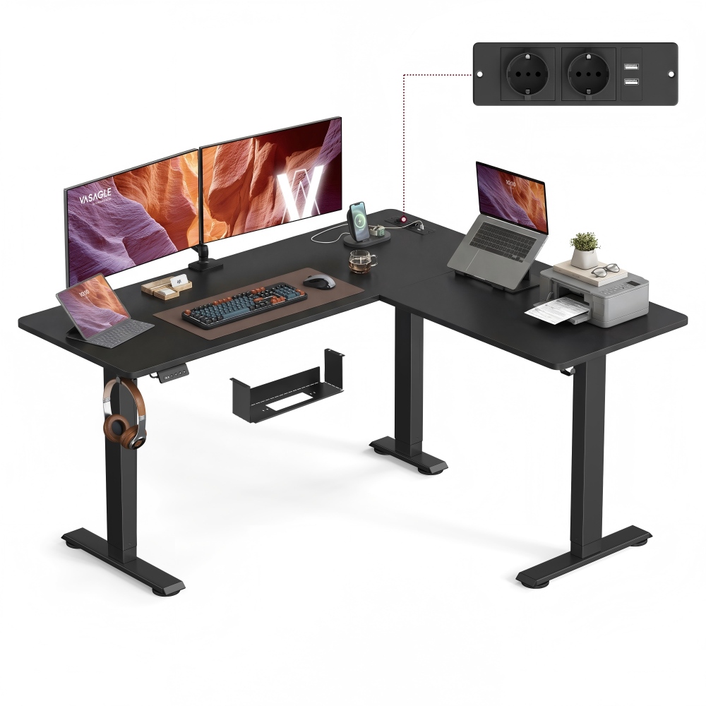 Kõrguses reguleeritava kõrgusega laud 160 x 140 cm L-kujuline pistikupesadega, tindimust