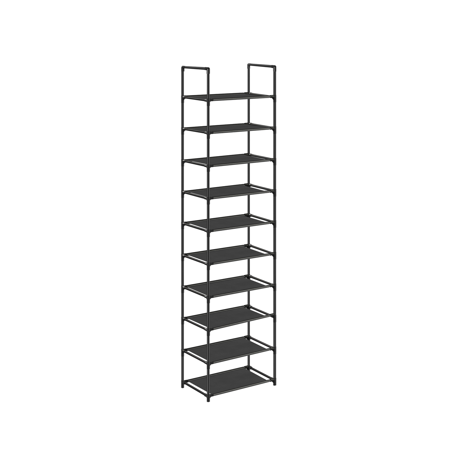 10 tasandiga kingariiul, avatud kingakapp, kitsas disain, metallraam ja lausriidest riiulid, 45 x 28 x 173 cm