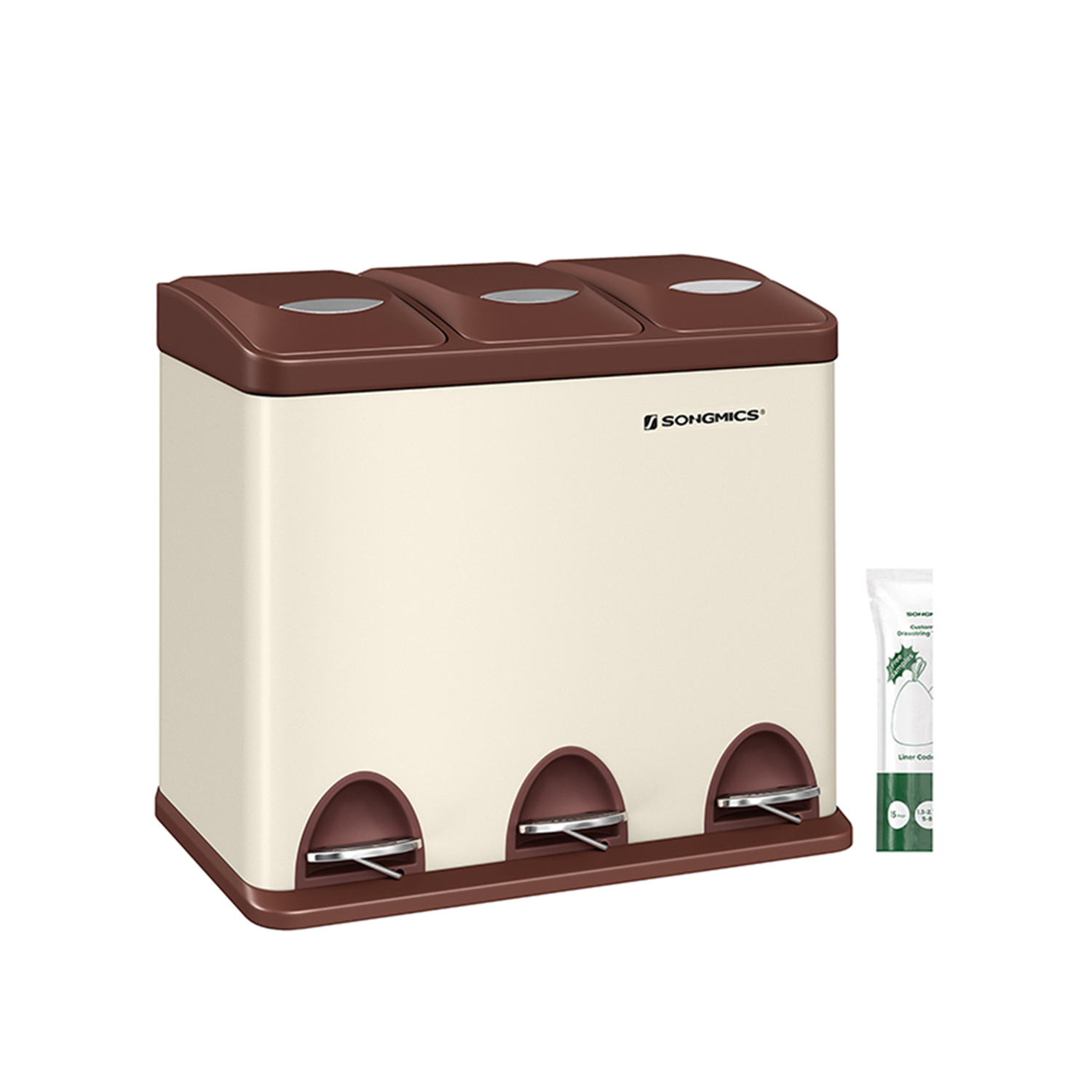 Prügikast 3 x 8 liitrit kaanega ja sisemine ämber kreemjas-valge-pruun