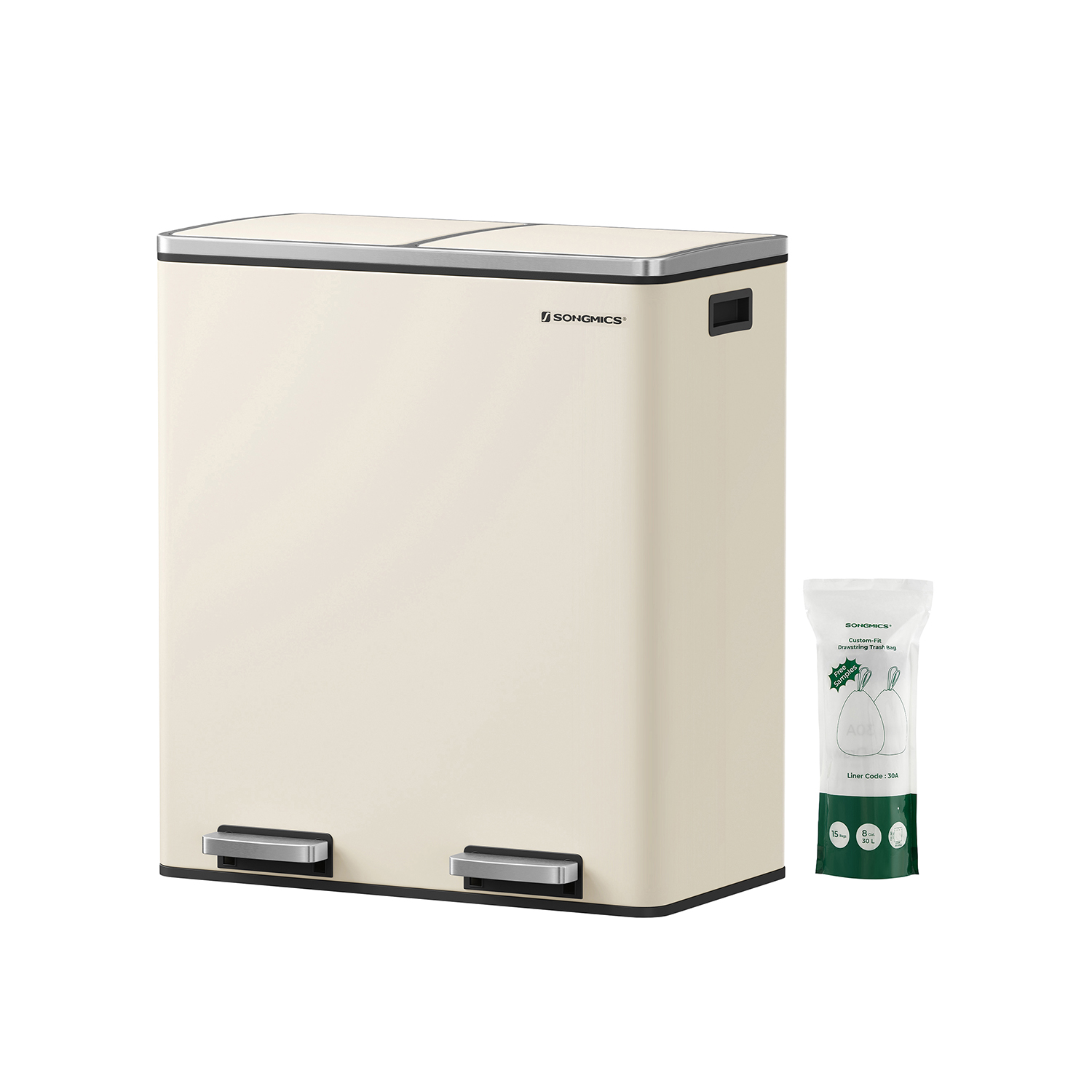 Prügikast 2 x 30 liitrit kaanega ja sisemine prügikast kreemvalge