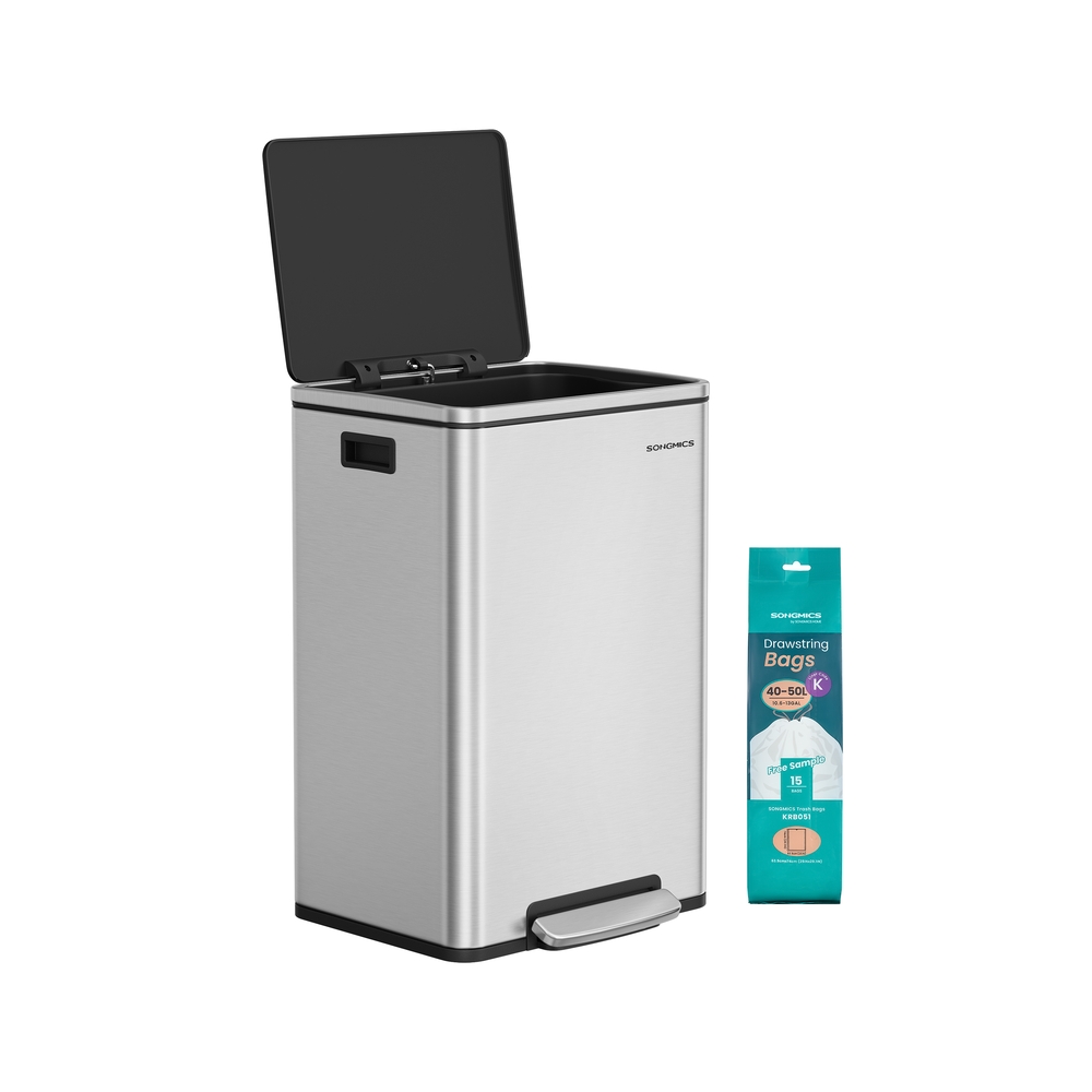 Suur hõbedane prügikast kaane ja eemaldatava sisemise ämbriga