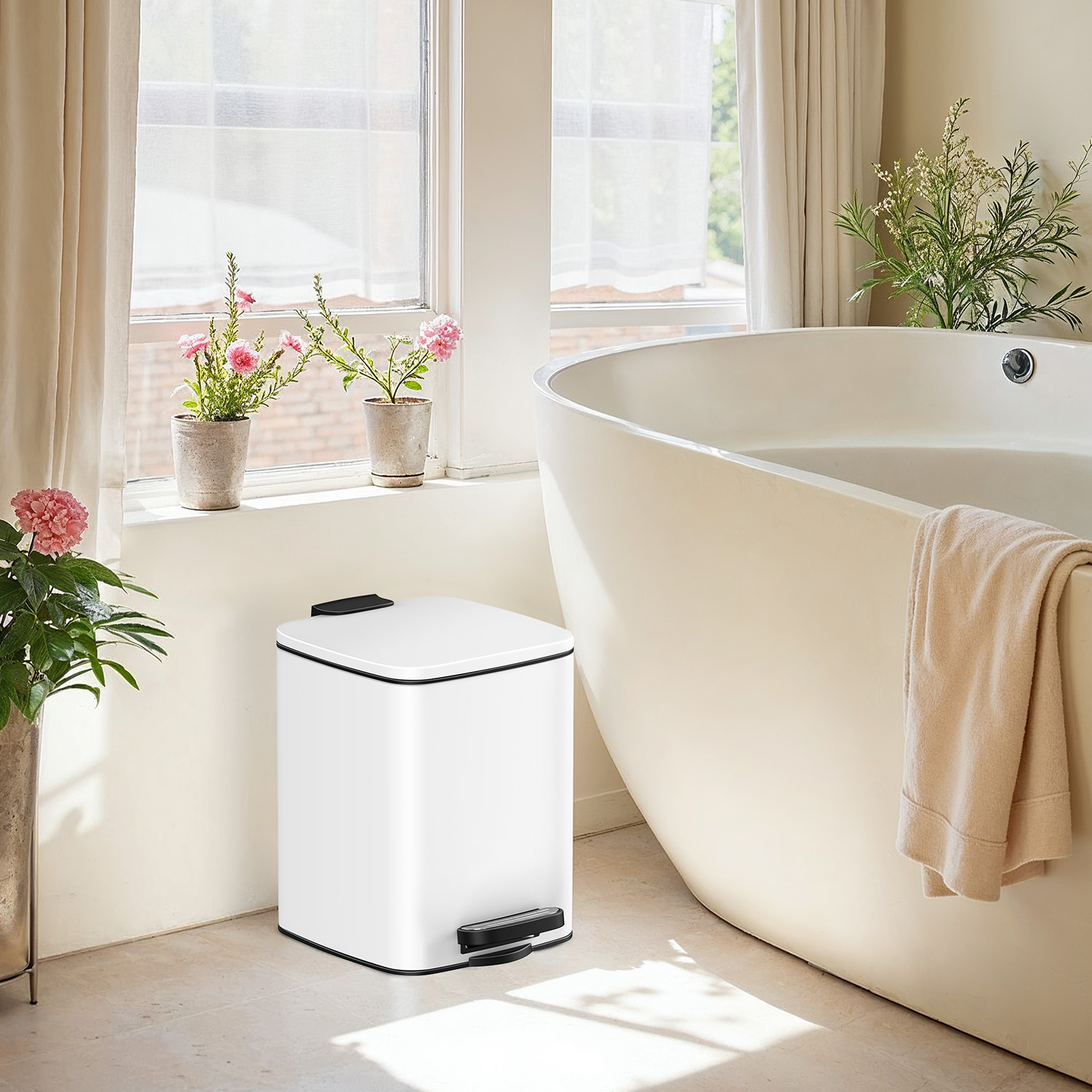 6-liitrine pedaaliga käitatav kosmeetikaprügikast, terasest, valge