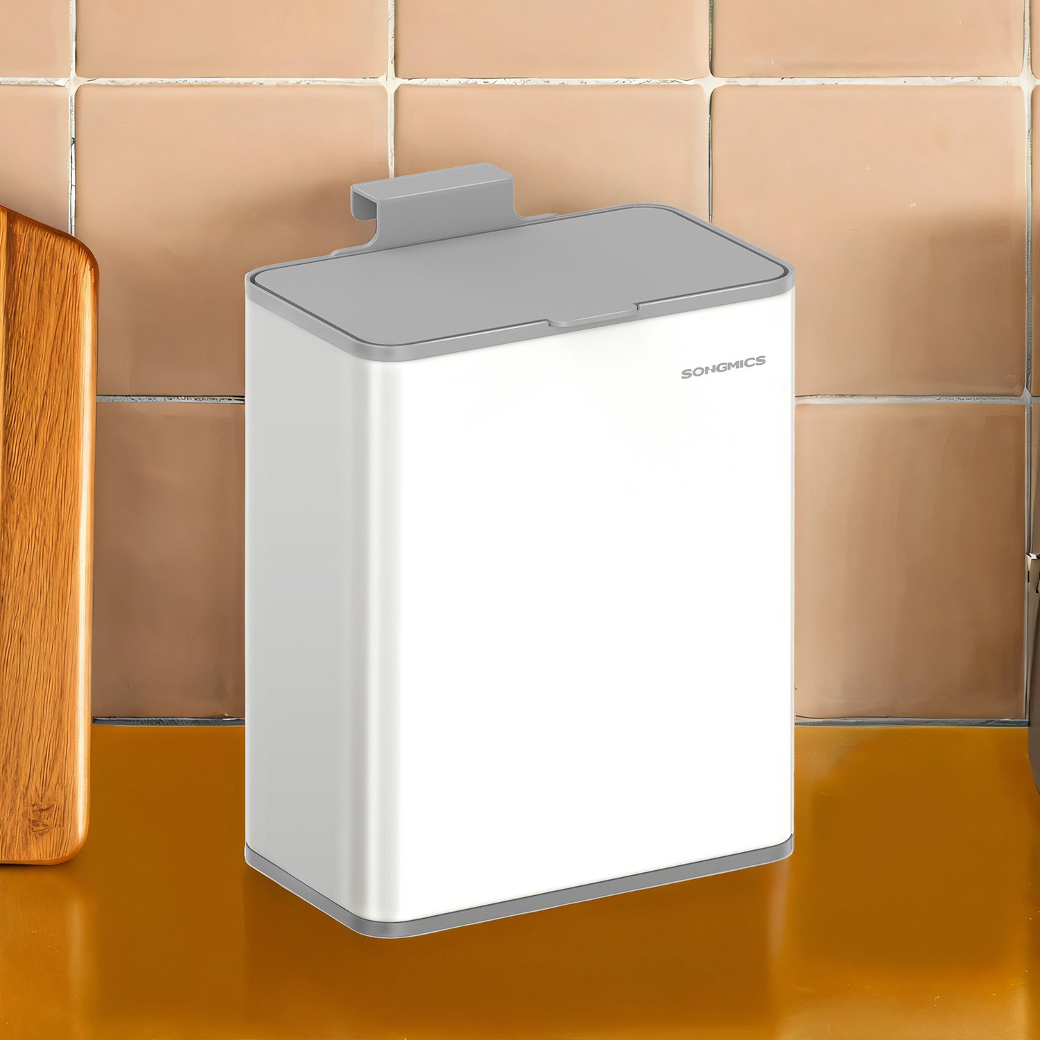 Riputatav prügikast, 8 l terasest prügikast kaanega orgaaniliste jäätmete jaoks, kasutamiseks kapiuksel või seinal