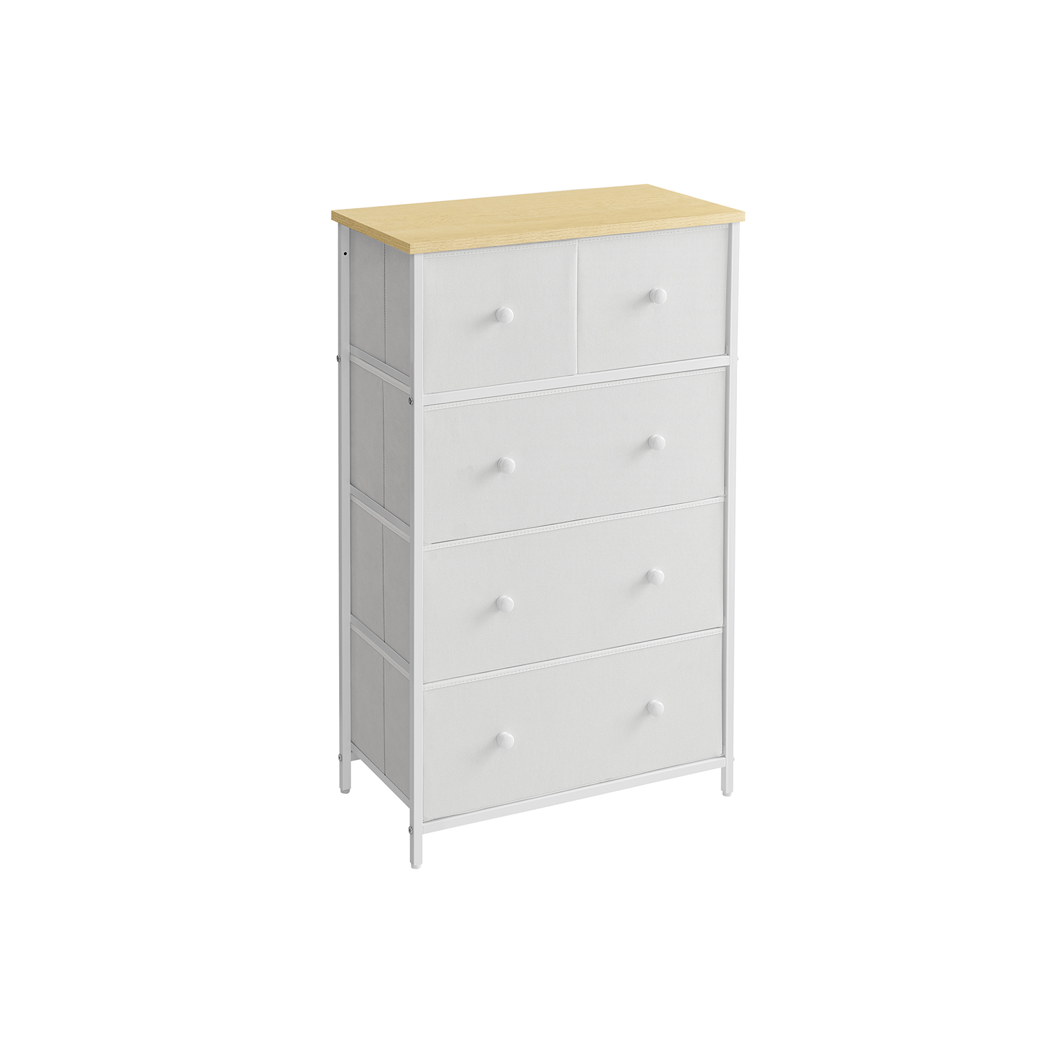 Kummut 5 kangast sahtli ja metallraamiga, valge tamme värvi