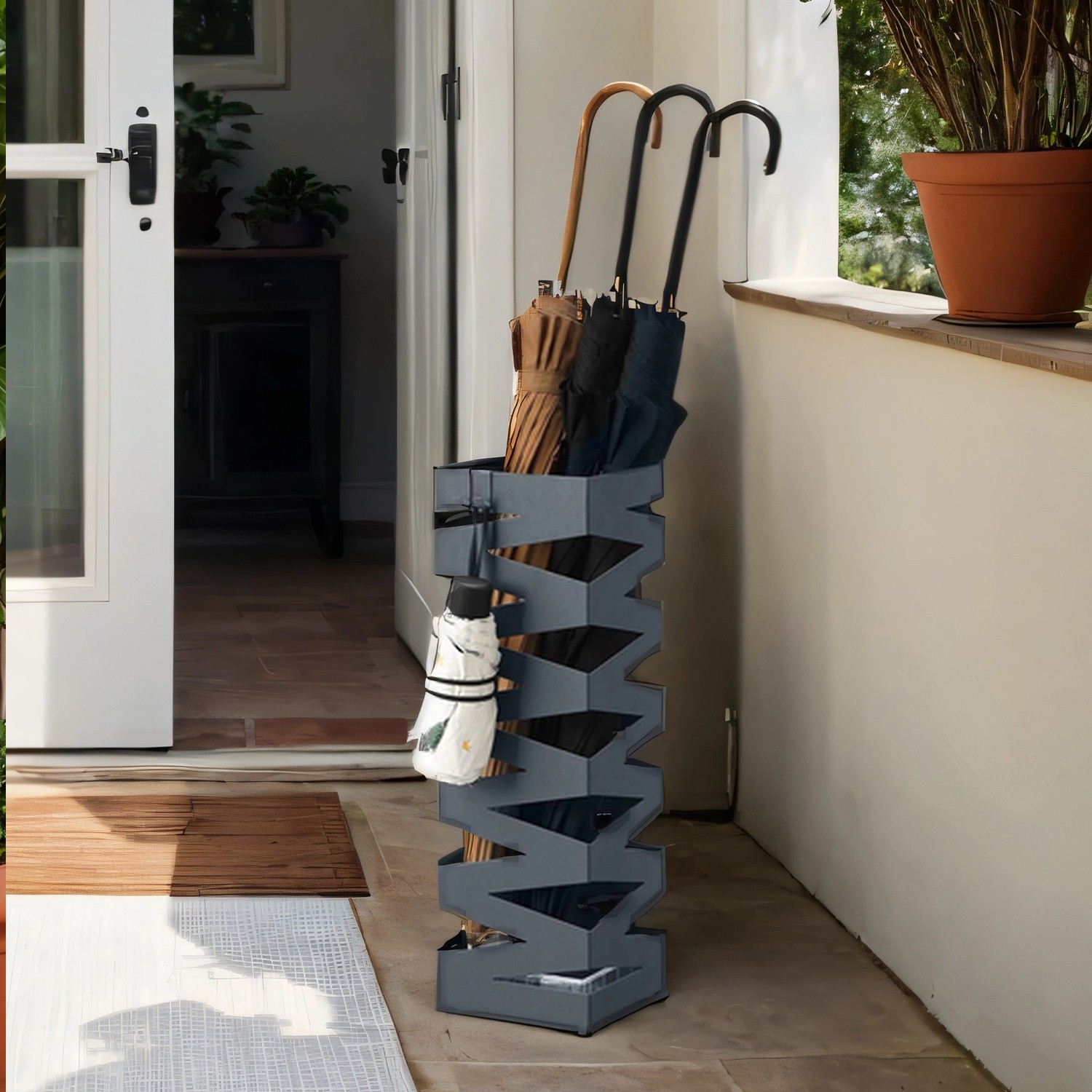 Vihmavarjude hoidja ruudukujuline, metallist vihmavarjude hoidja, veeanumaga ja 4 konksuga