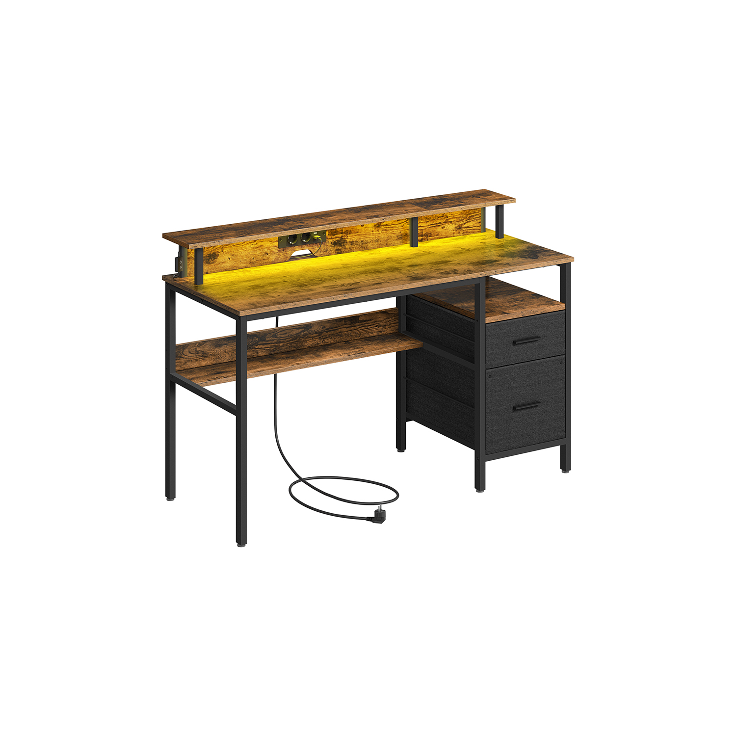 Kirjutuslaud LED valgustusega, sahtlite ja monitori alusega, 135 x 90 x 55 cm, vintage pruun