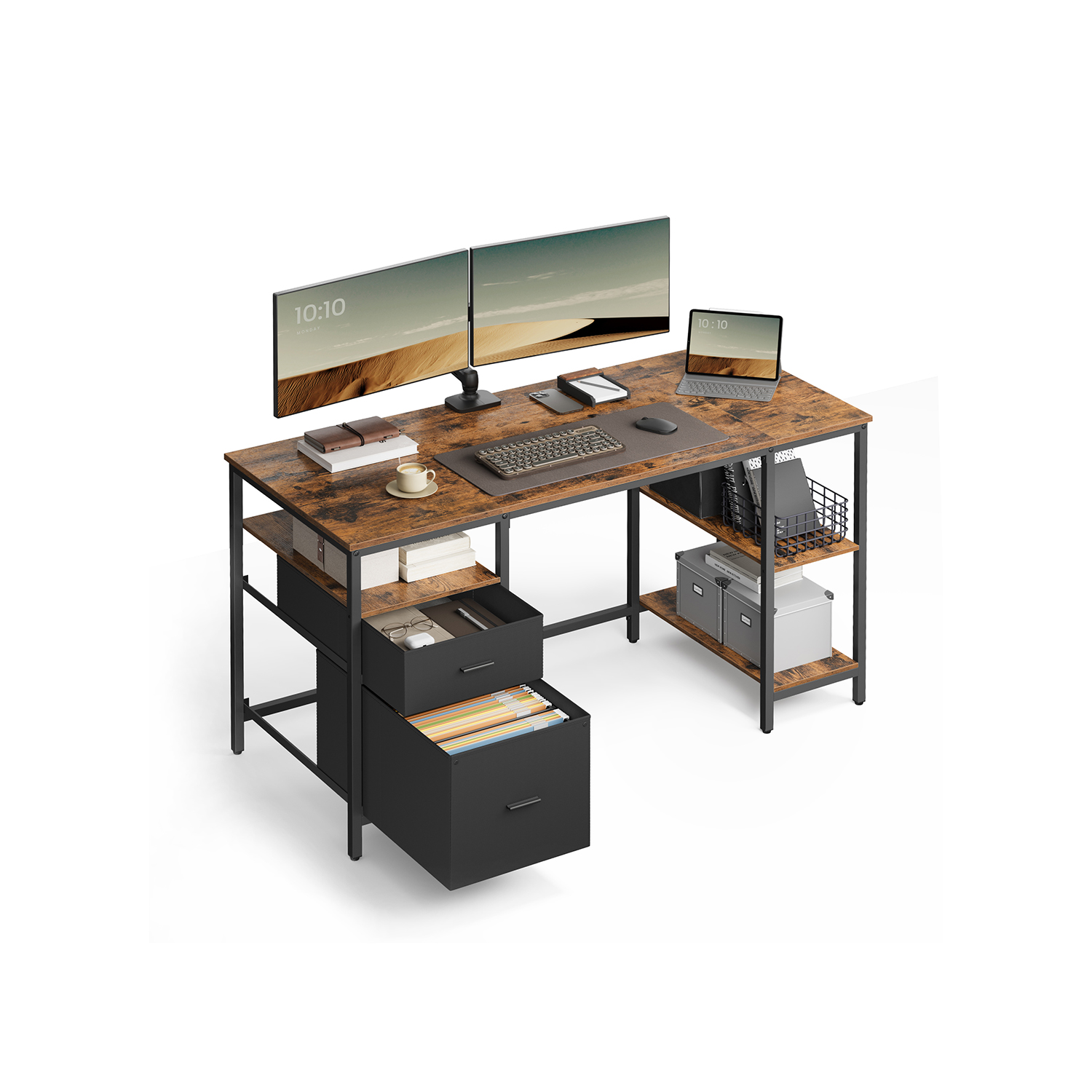 Arvutilaud 3 riiuli ja 2 sahtliga vintagepruun-must