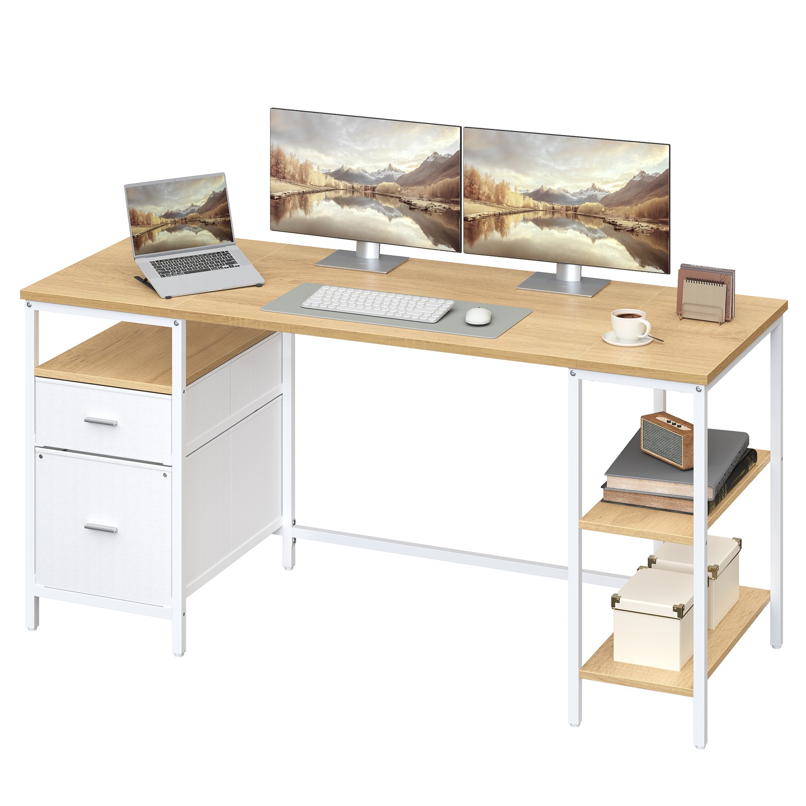 Kirjutuslaud 3 riiuliga, kontorilaud 2 sahtliga, 160 x 60 x 76 cm