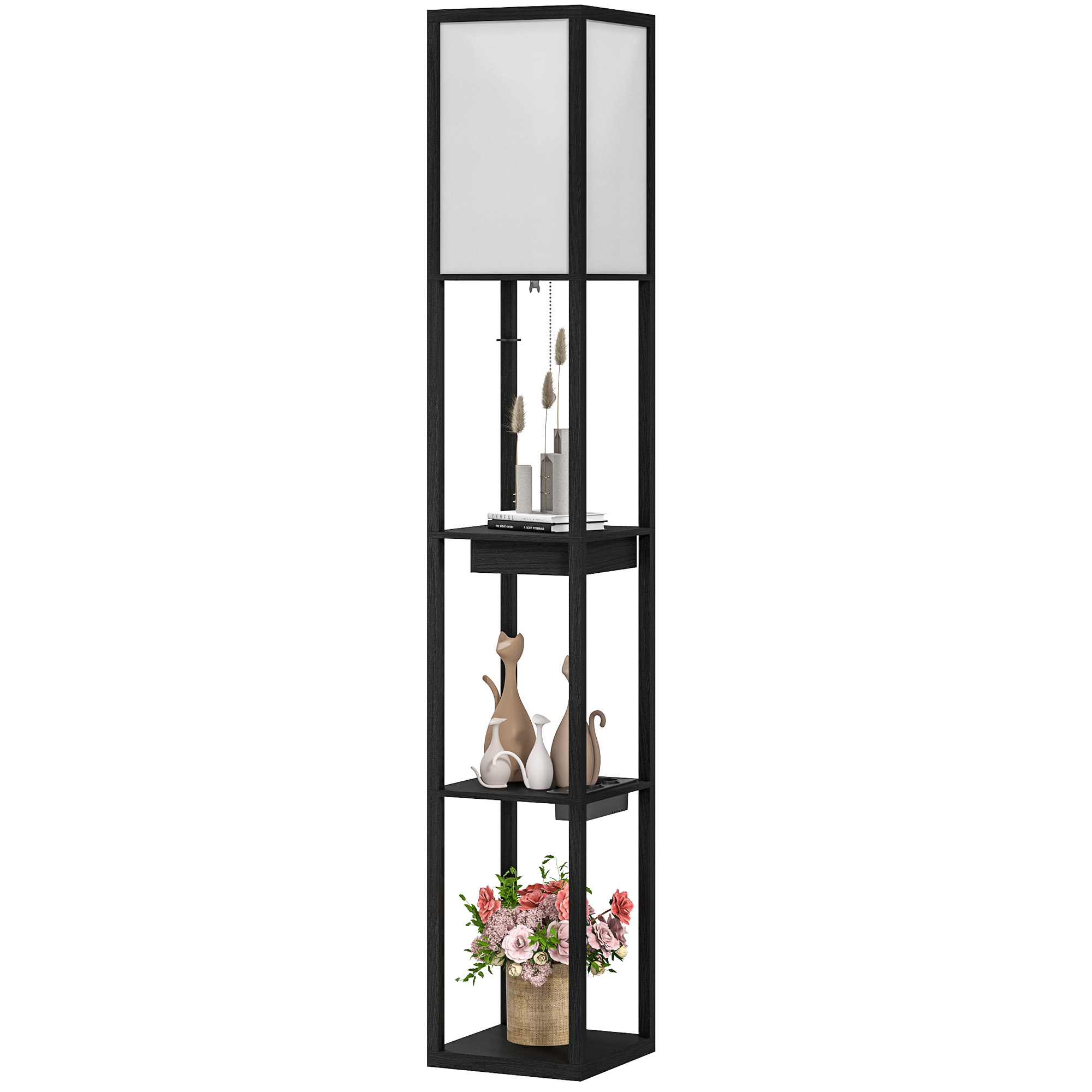 Põrandalamp, põrandavalgusti 3 riiuliga, E27 sokkel, põrandalamp kangast lambivarjuga, USB-A, USB-C pistikud elutuppa, valge+must, ilma lambipirnita