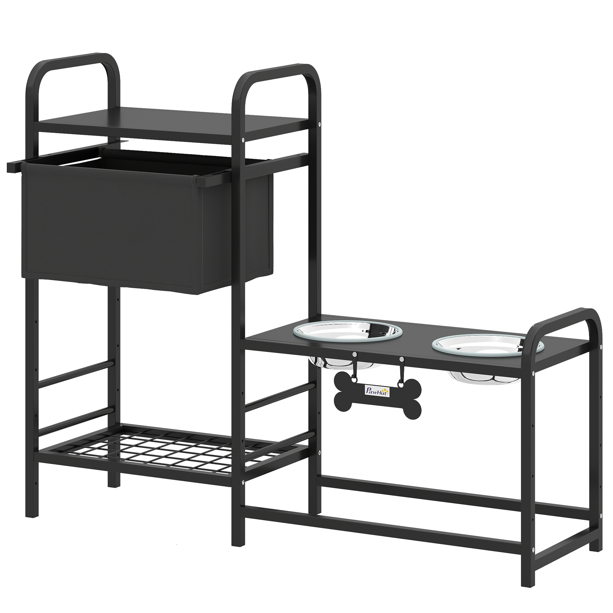 Kõrgendatud koerakauss, reguleeritava kõrgusega, toidukauss panipaigaga, veekauss, 2 x 800 ml roostevabast terasest kaussi, 89,5x27x74 cm, must