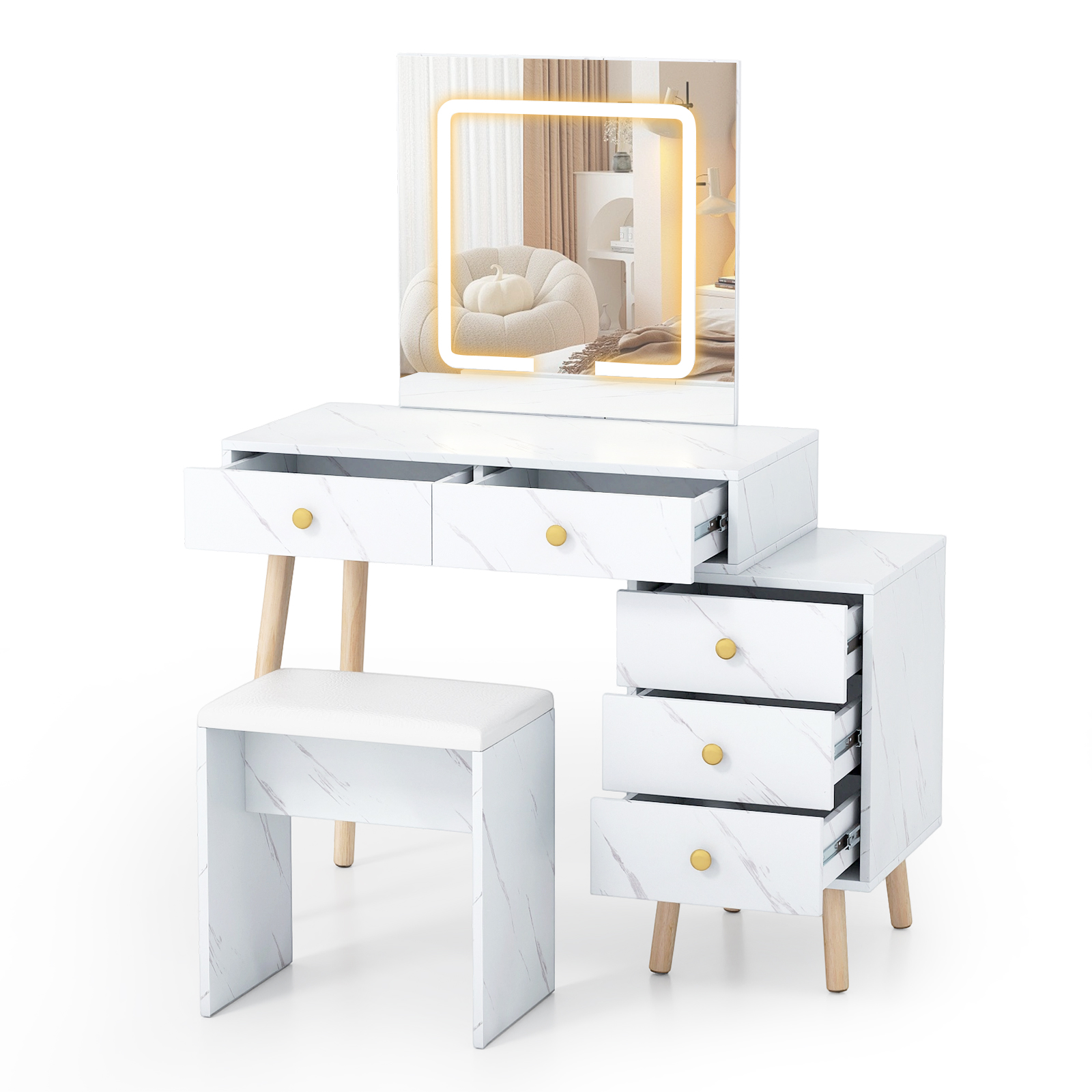 Peegli ja valgustusega tualettlaud, 3 valgusrežiimiga ja reguleeritava heledusega, valge
