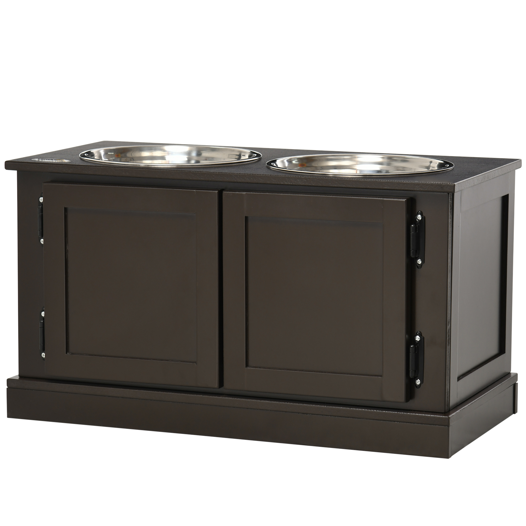 Söötmisjaam kõrgendatud söögikaussidega, sh hoiuruum, 60 cm x 30 cm x 34 cm, pruun + hõbedane