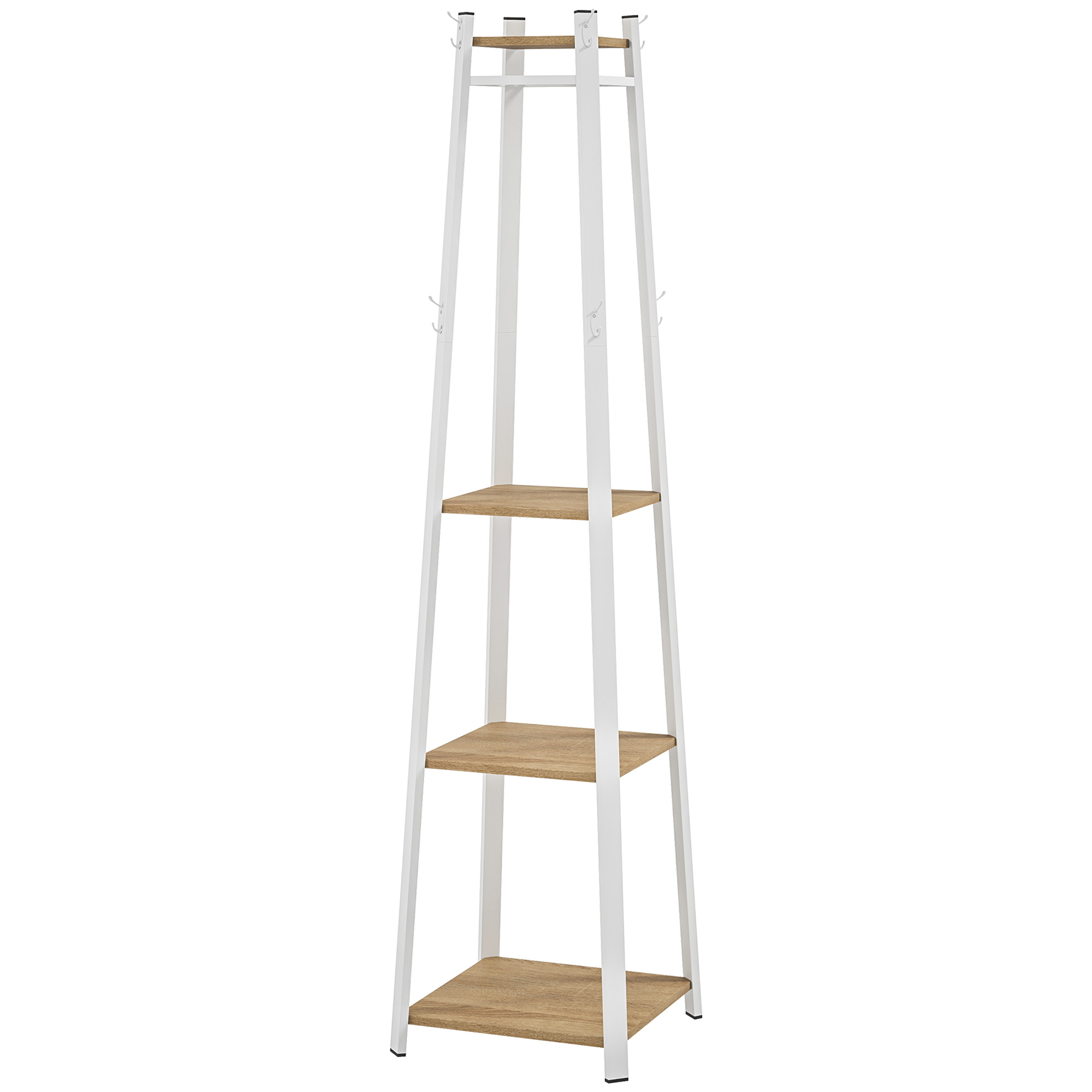 Riidepuuriiul, trapetsikujuline disain, kolmetasandiline, 8 topeltkonksu, teras, valge+tamm