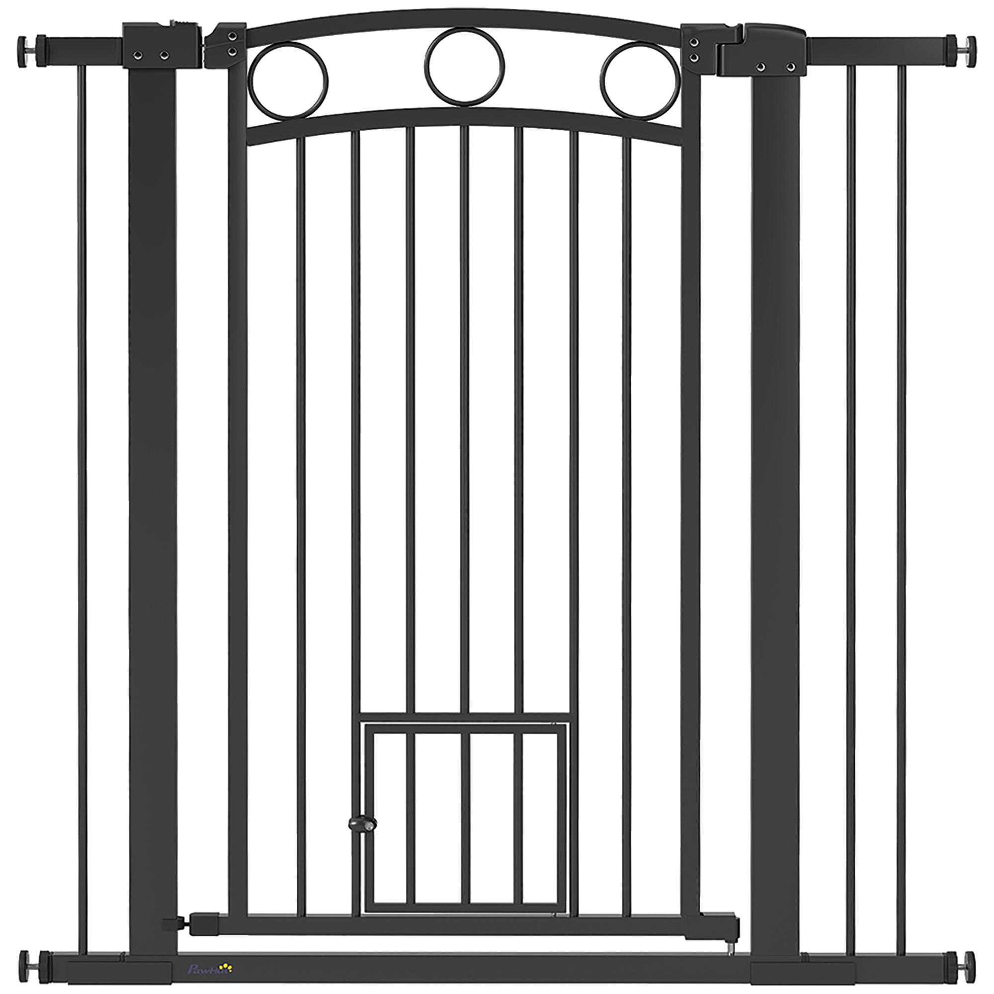 106 cm kõrgune lemmikloomavärav reguleeritava laiusega, integreeritud kassiuksega, treppidele ja uksepiitadele, must
