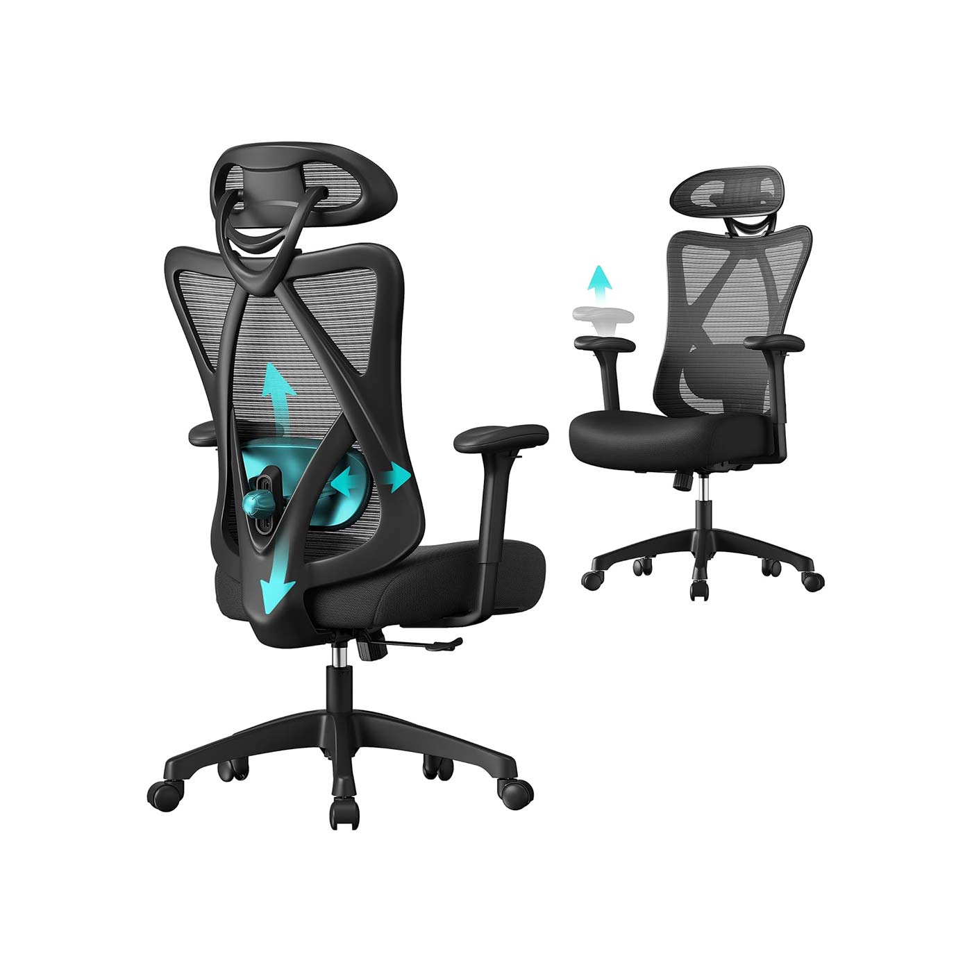 Kontoritool, ergonoomiline, võrkkangas, reguleeritava nimmetoega ja peatoega, kuni 150 kg, must