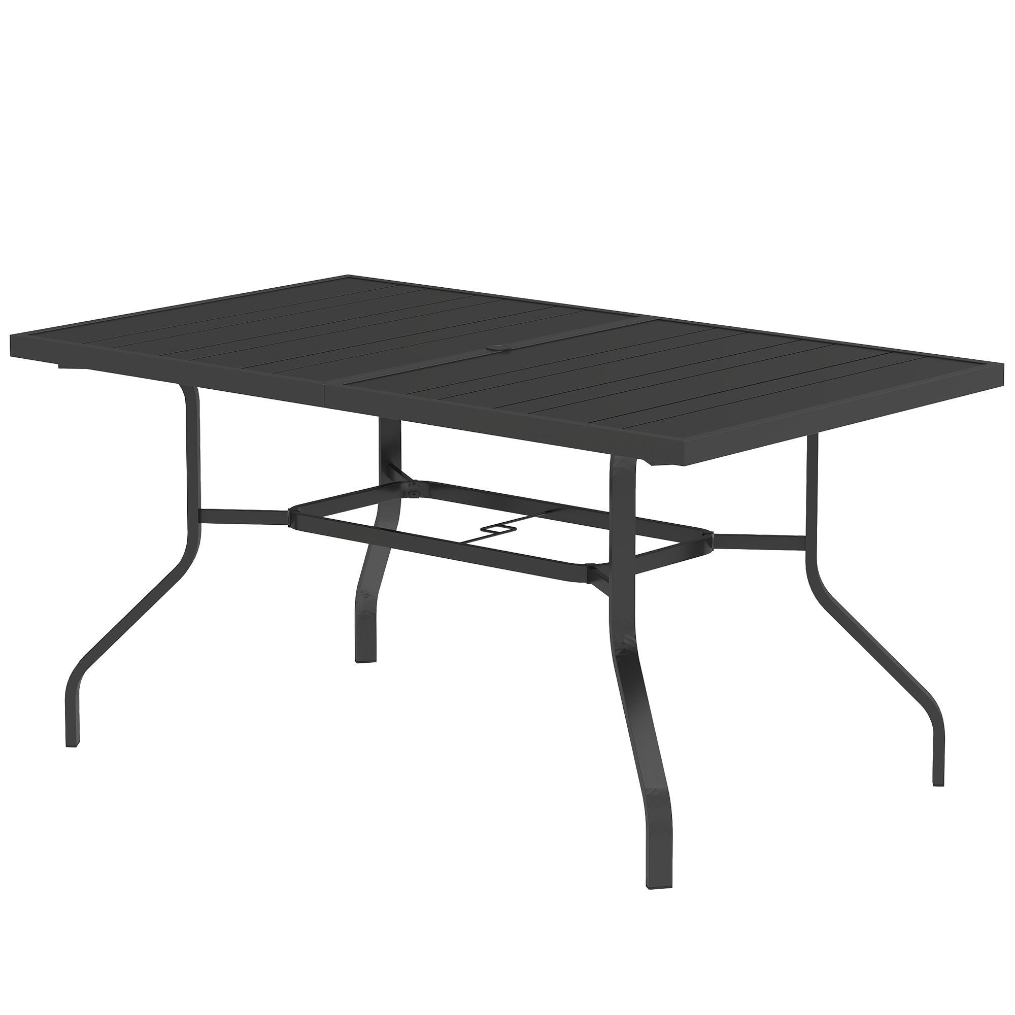 Aialaud 152x90 cm, ilmastikukindel terasest rõdulaud, päikesevarjuauguga külglaud, liistudega disain must
