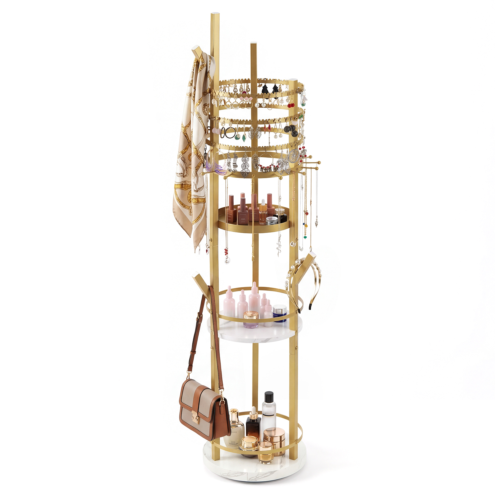 Pöörlev ehtekorraldaja vitriinalus põrandakonksudega kandik, kaelakeekorraldaja kõrvarõngad sõrmused käevõrud ehtepuu elutoa magamistuppa kuldne