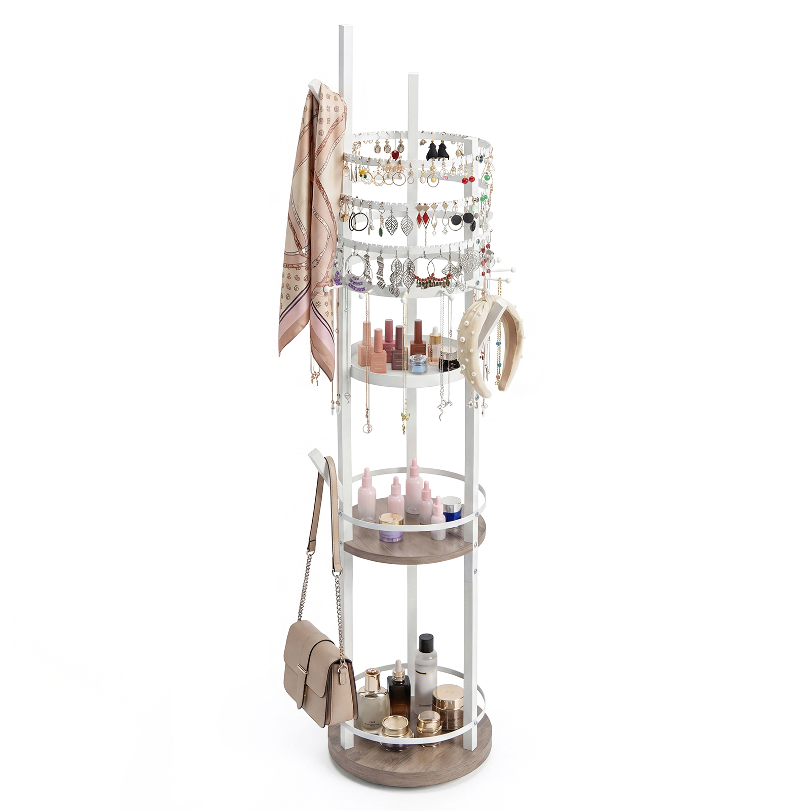 Pöörlev ehtekorraldaja põrandaaluse konksudega kandik, kaelakee, kõrvarõngad, sõrmus, käevõru, ehtepuukorraldaja elutuppa, magamistuppa, valge