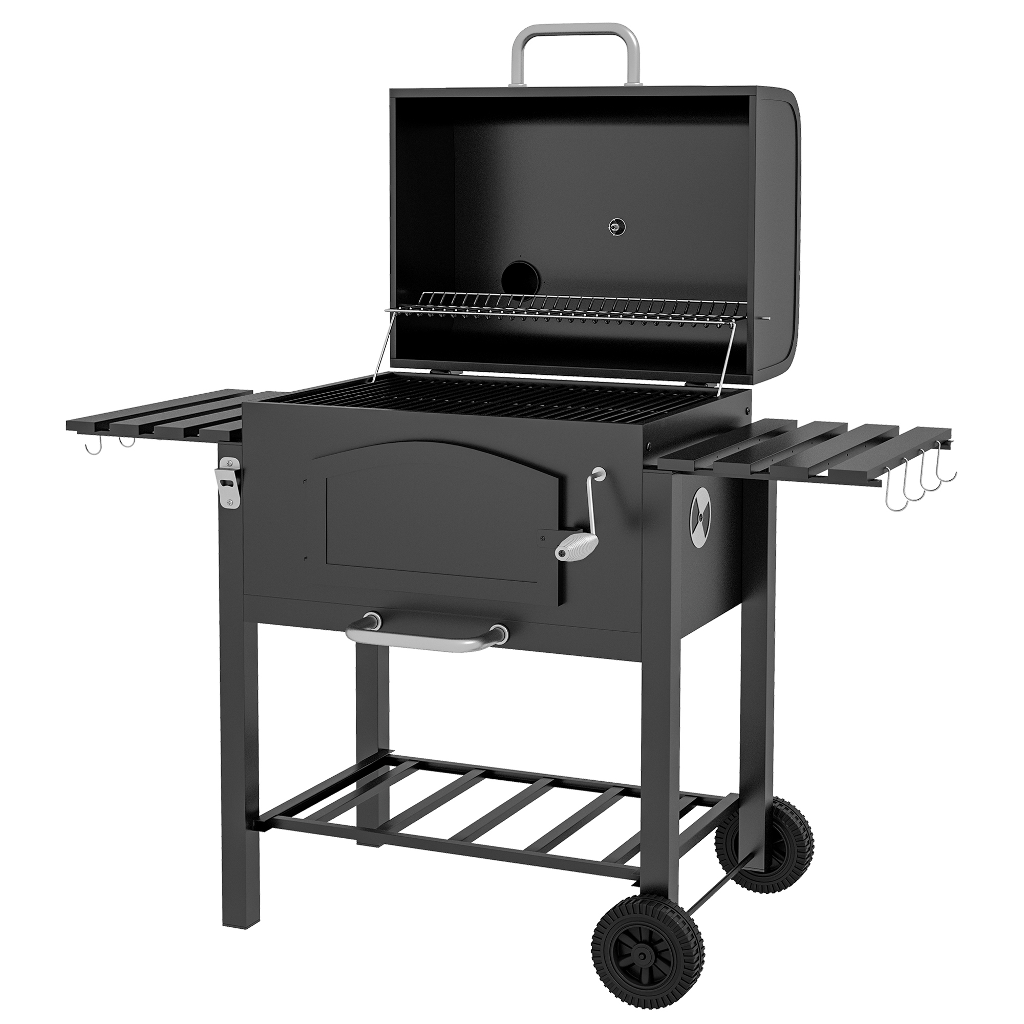 Süsi-BBQ grill-suitsuahi, reguleeritava söekambriga, külgriiulitega, 124 x 66 x 112 cm, must