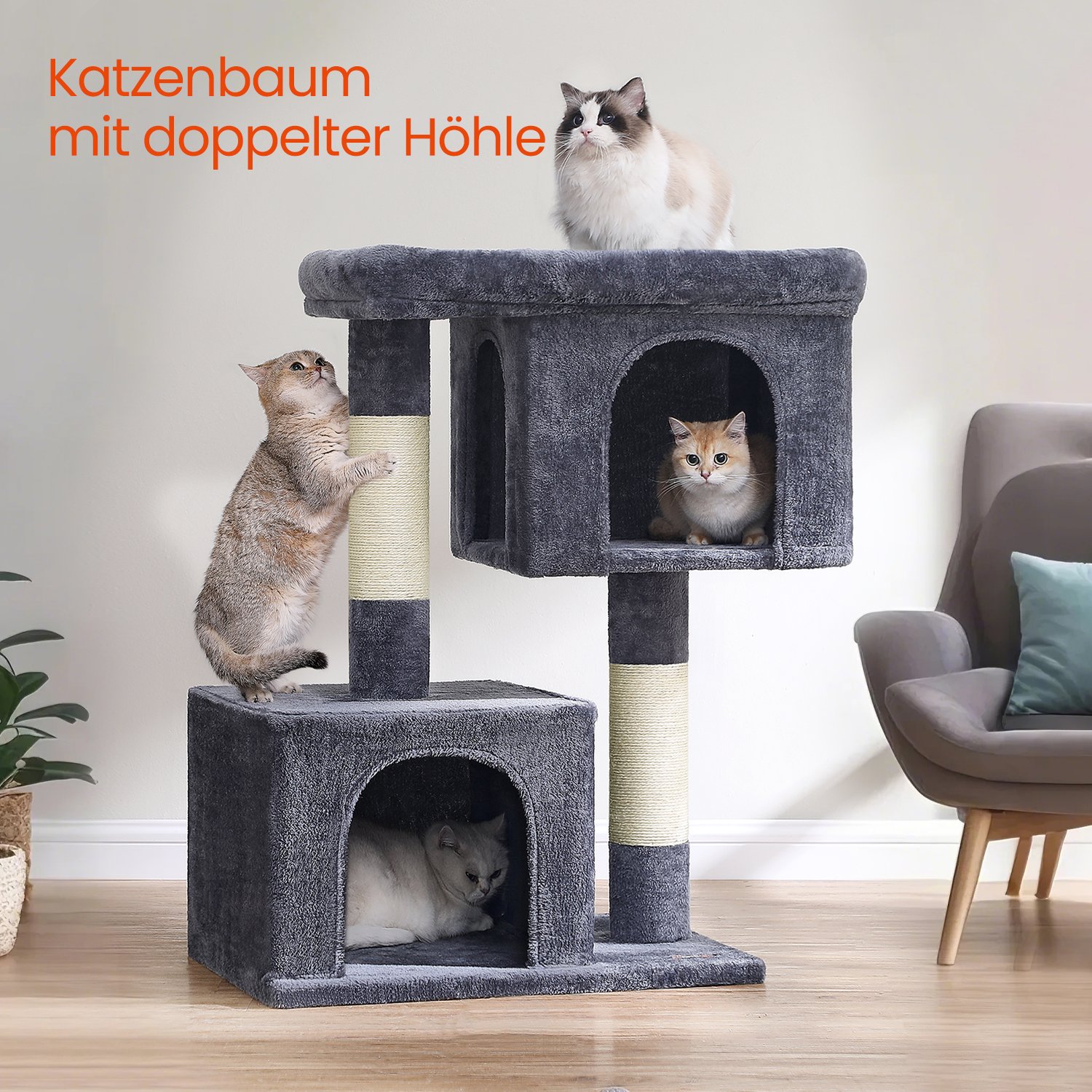 Kassipuu 68 x 48 x 101 cm suurtele kassidele pesaga platvormiga suitsuhall