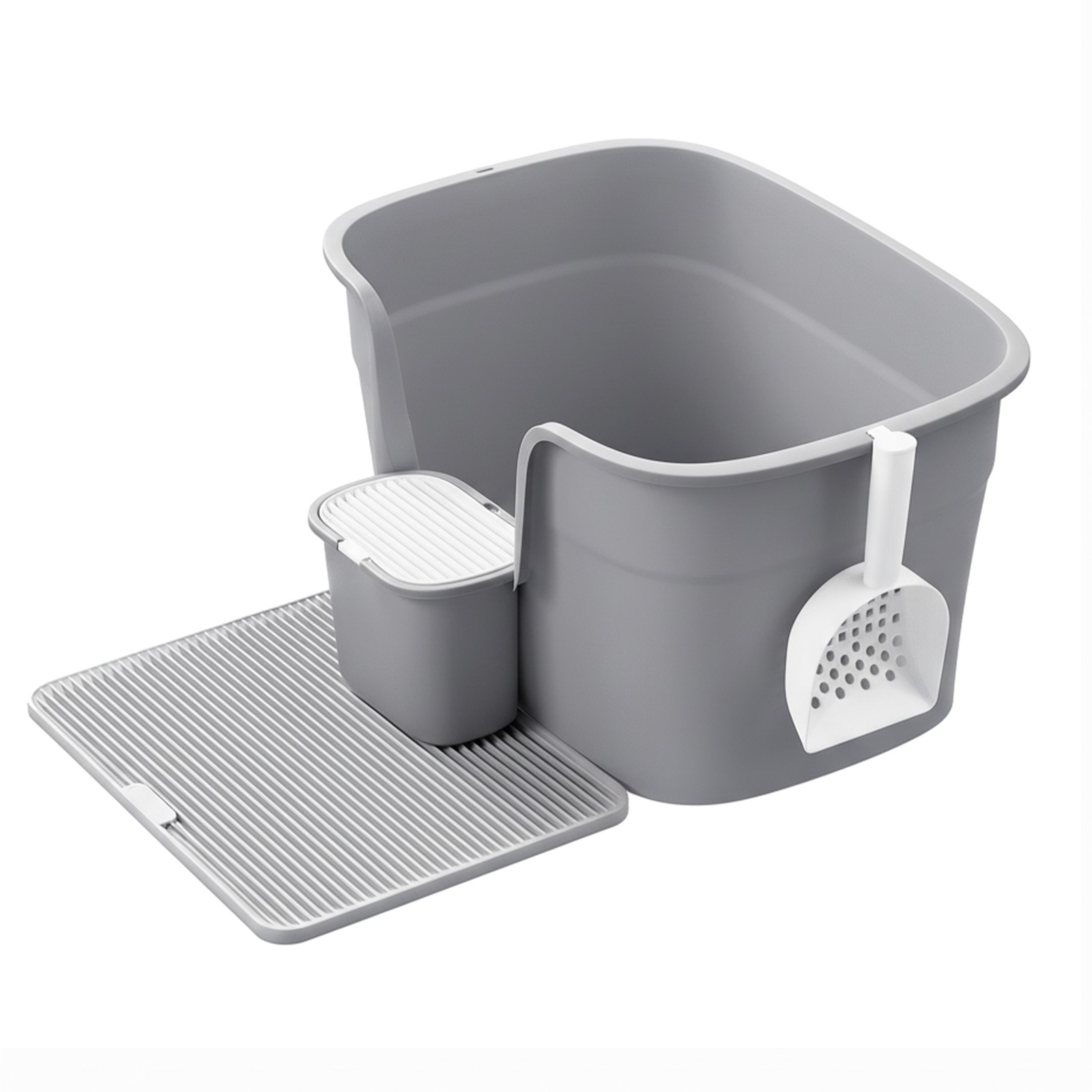 Suur kassiliivkast kõrgete külgedega, kassiliivamatt ja kühvel, hoiukast