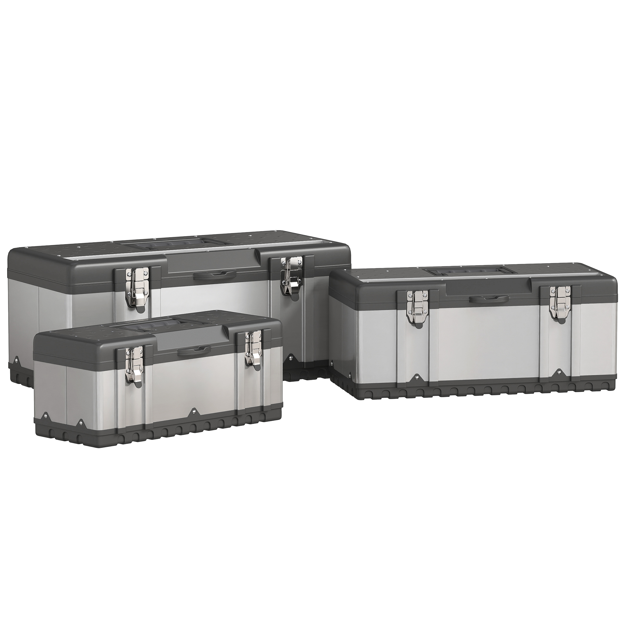 3-osaline tööriistakasti komplekt, roostevaba teras, plastik, hõbedane