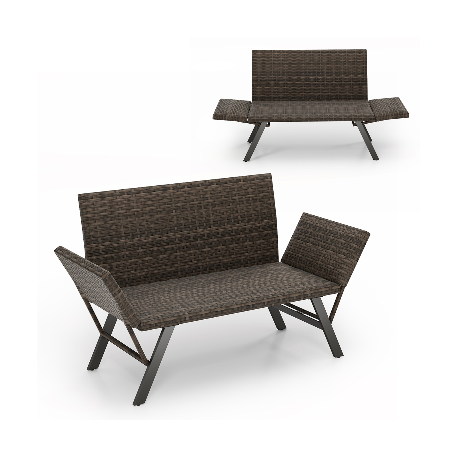 Polürotangist aiapink lamamisfunktsiooniga ja reguleeritavate käetugedega aiasohva rõdupink