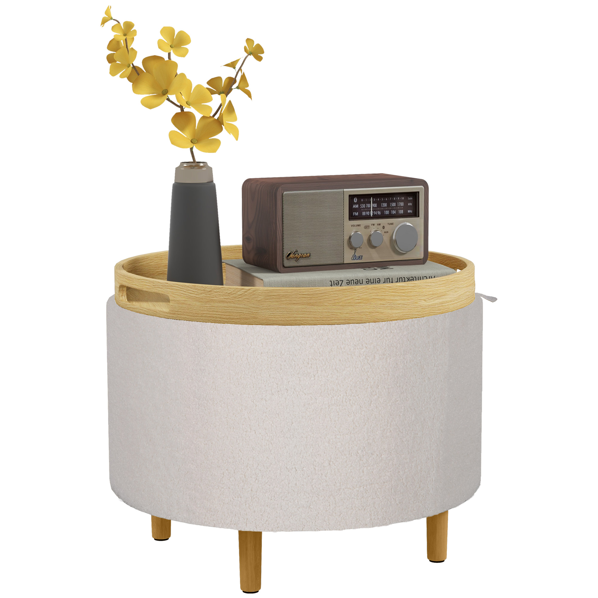 Taburet, polsterdatud taburet, fliisist kangas, peidetud hoiuruum, pööratav kaas, 56 cm x 56 cm x 42 cm, valge