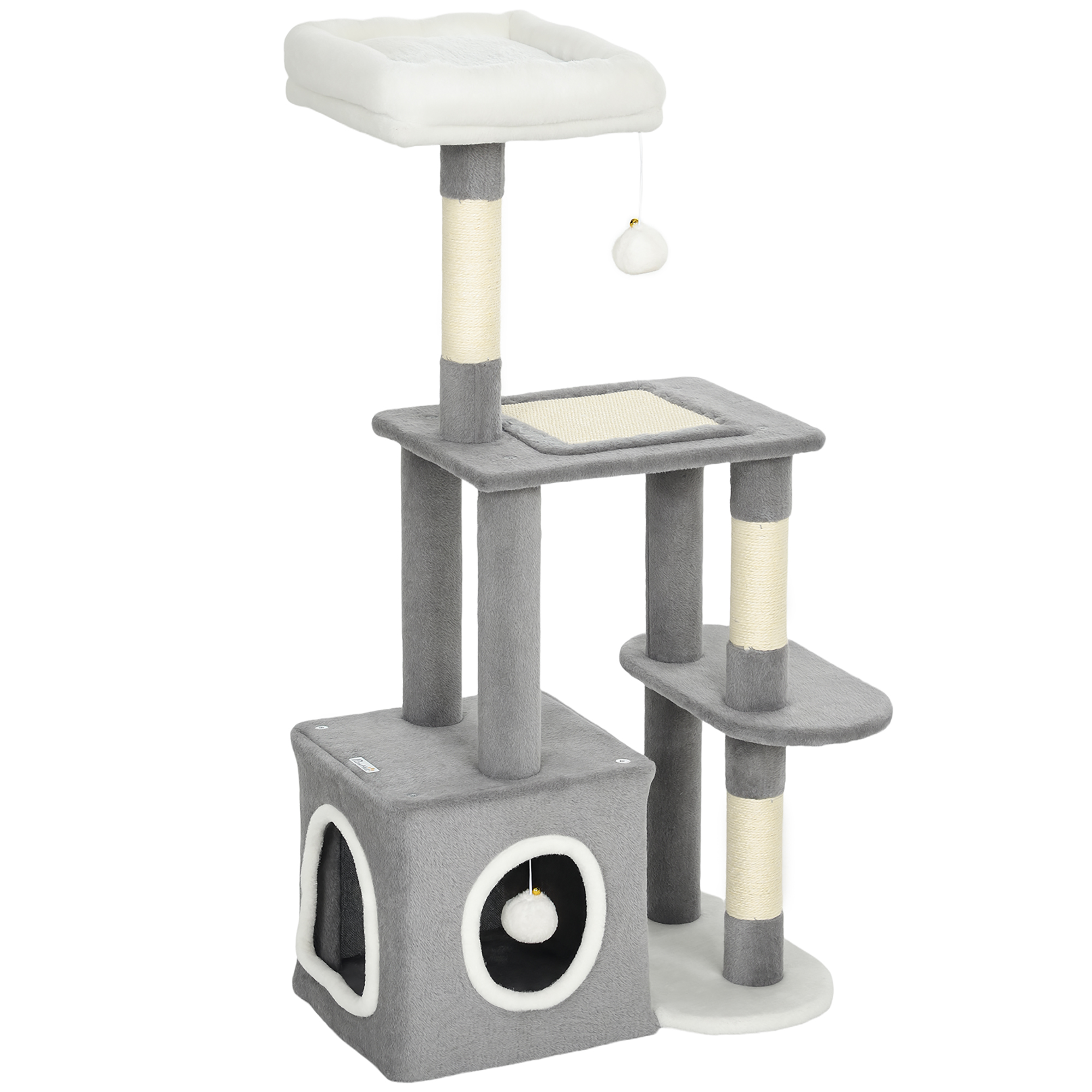 Kassipuu 107 cm kassitorn koopaga, 2 plüüsist palli, sisalist postid, suur platvorm, 55x40x107 cm, hall