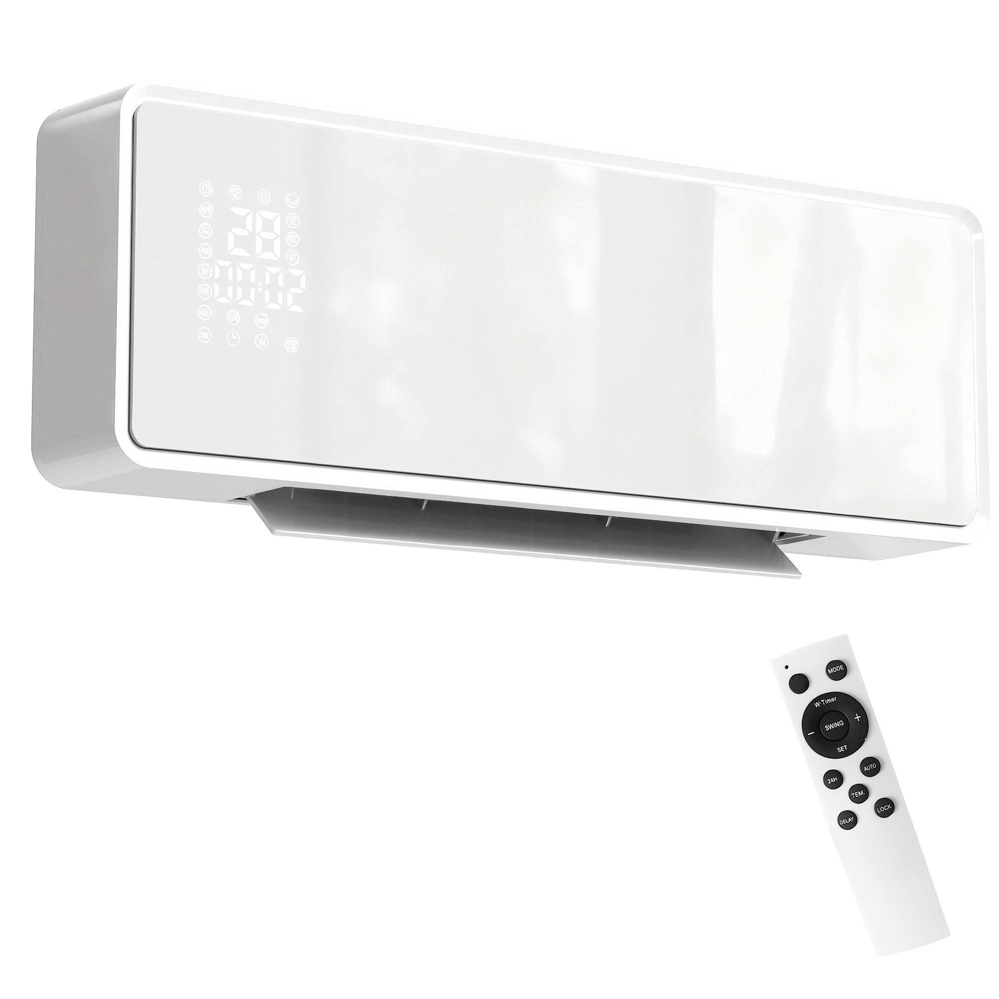 Seinale kinnitatav 2000W keraamiline elektriradiaator, ventilaator, termostaat, taimer, kaugjuhtimispult, klaaspaneel, valge