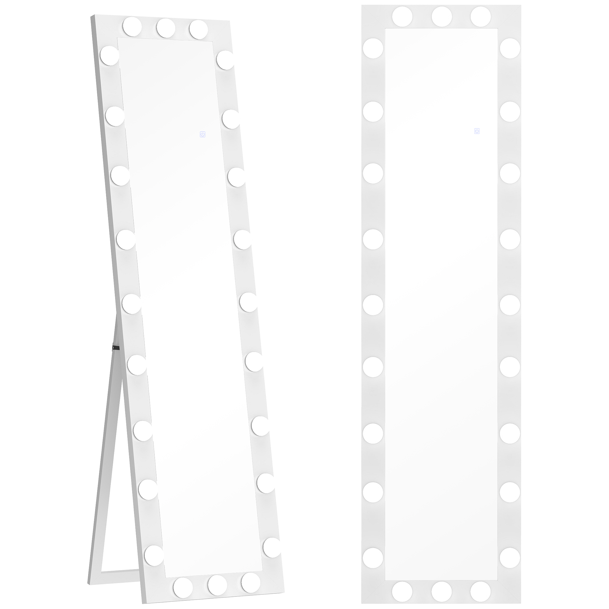 Täispikk peegel 150x40 cm LED-peegel 24 lambipirniga, 3 heledat värvi, vabaltseisev, kaldus või seinale kinnitatav, valge