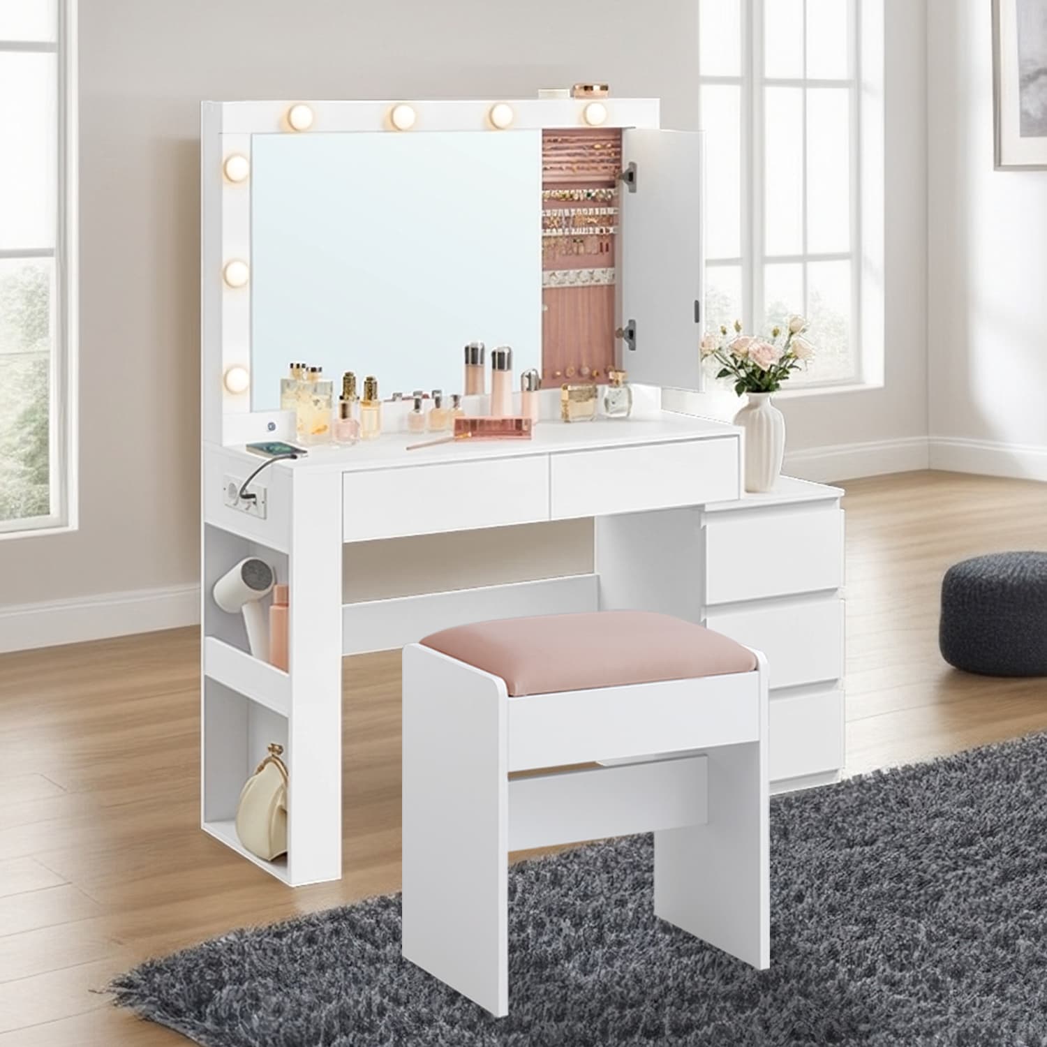 LED-valgustusega tualettlaud, peegliga meiklaud, ehtekapp