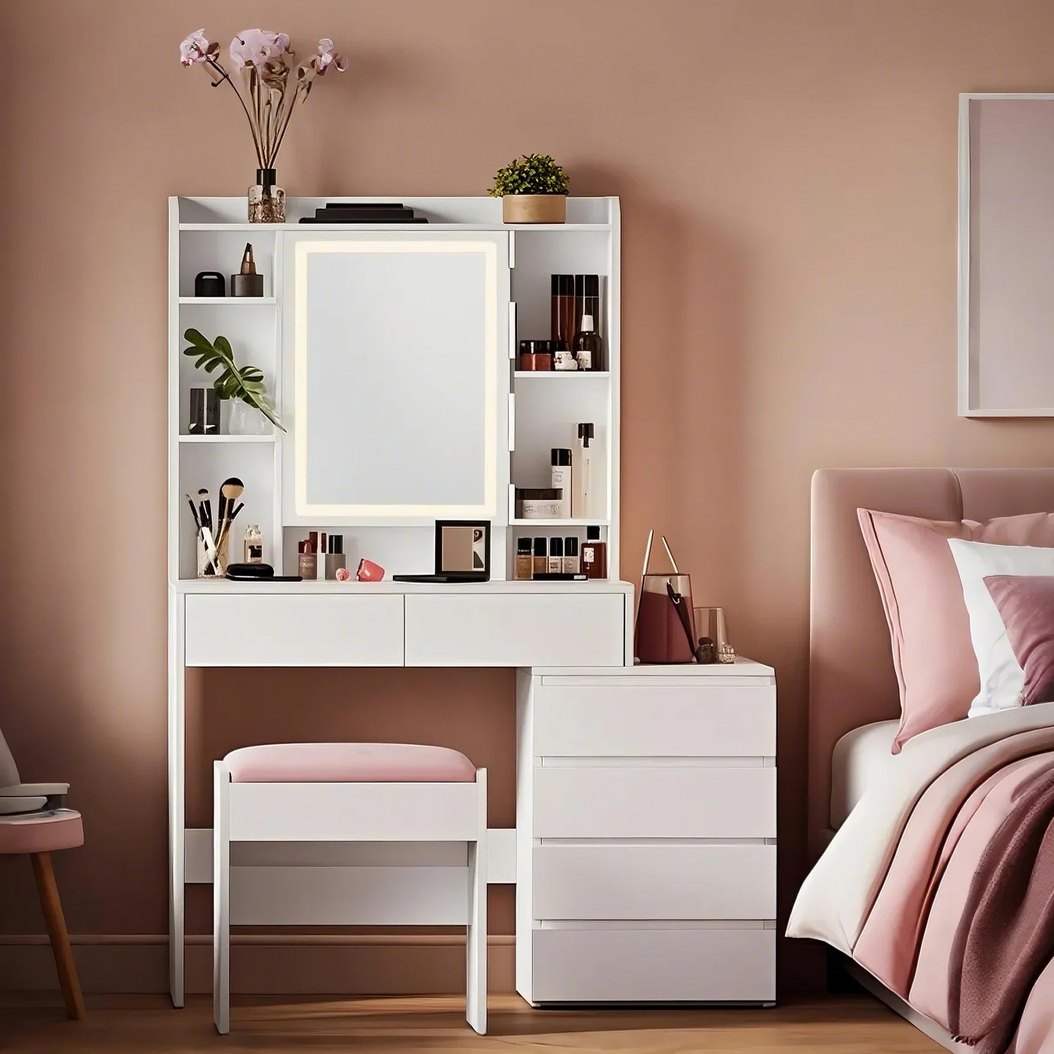 Tualettlaud taburetiga, meigilaud peegliga, LED-valgusti