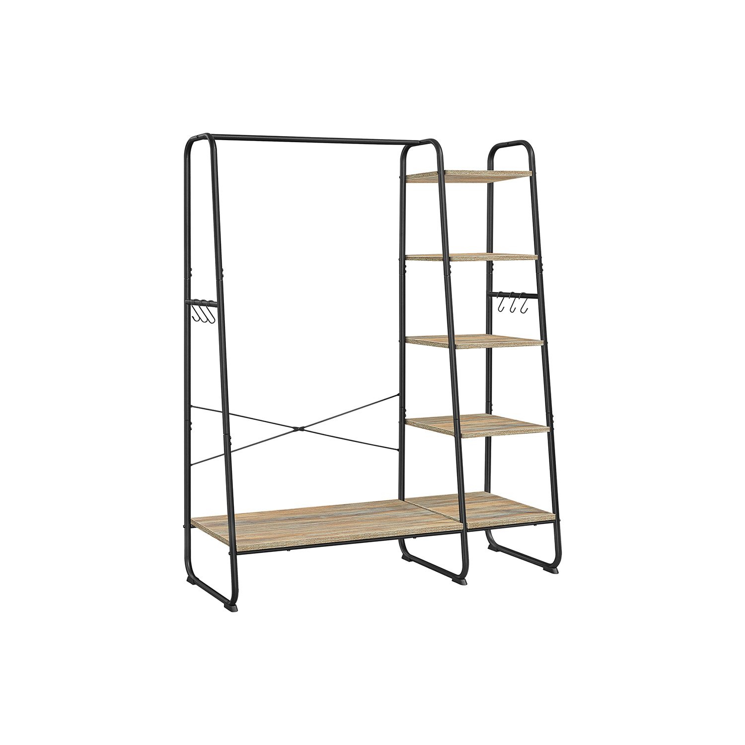 Riidenagi ja garderoobistange, 5 tasandit, kingariiuli ja 6 konksuga, 45 x 120 x 160 cm, tööstuslik disain