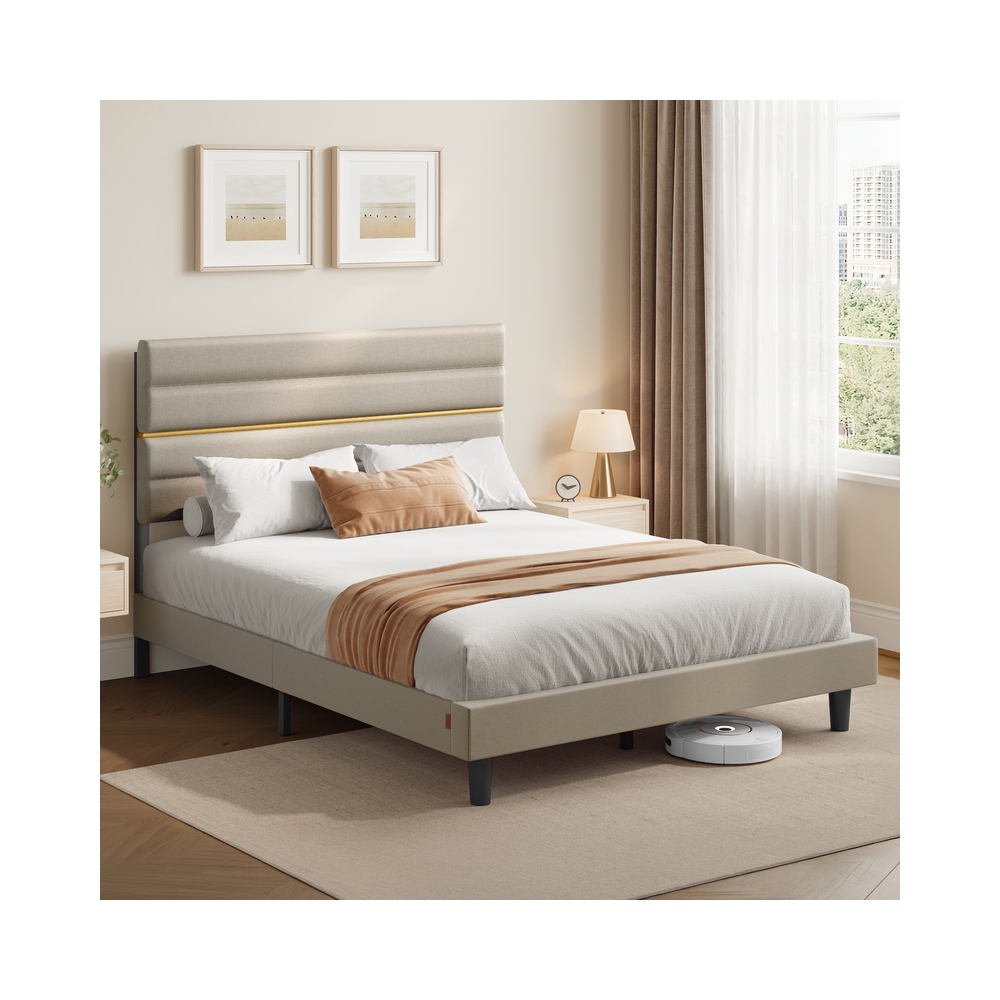 Moodne kaheinimesevoodi raam polsterdatud peatsiga