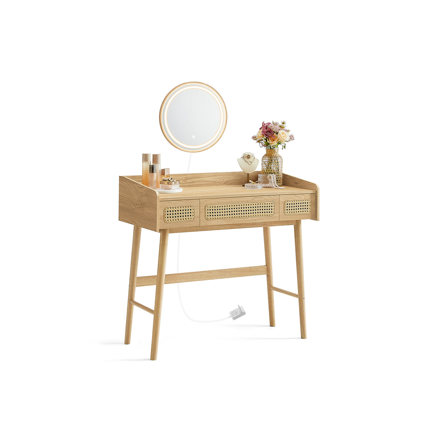 Tualettlaud peegli ja sahtlitega boho-stiilis