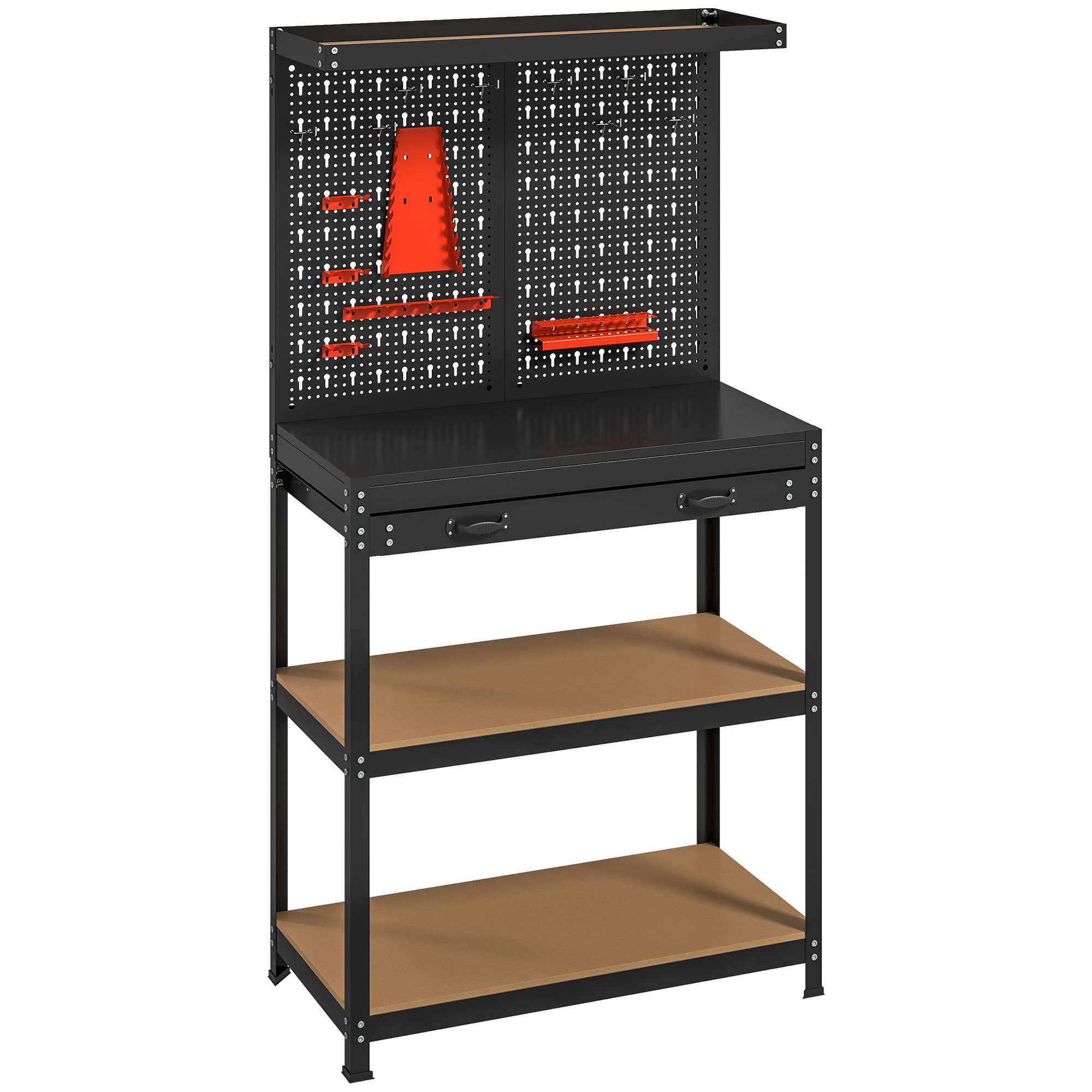 Töölaud 80 x 40,5 x 155 cm, tööriistalaud perforeeritud tahvliga, konksud, sahtel, 2 riiulit töökoja jaoks, must